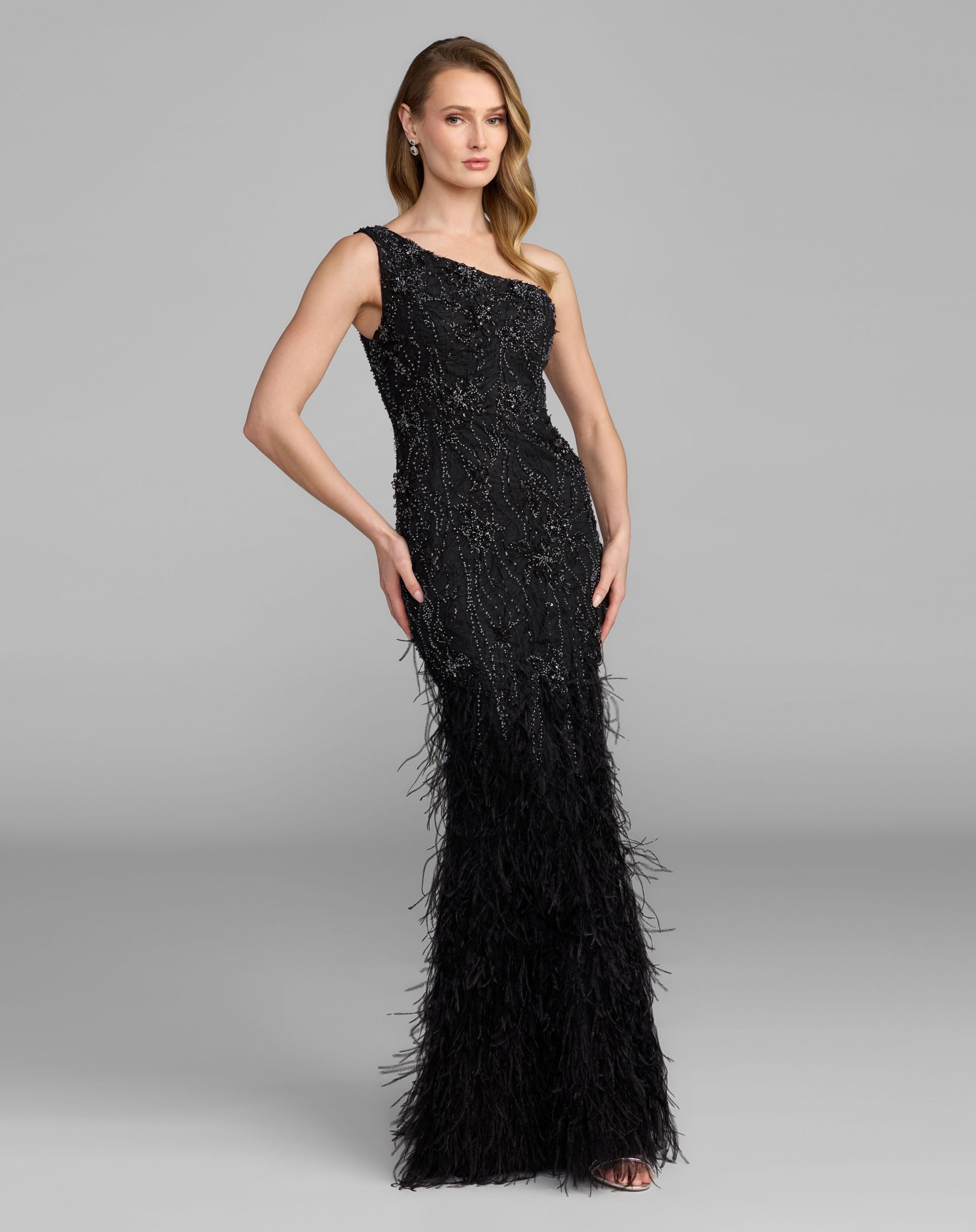 Black Embellished Lace One Shoulder Feather Gown - Mac Duggal