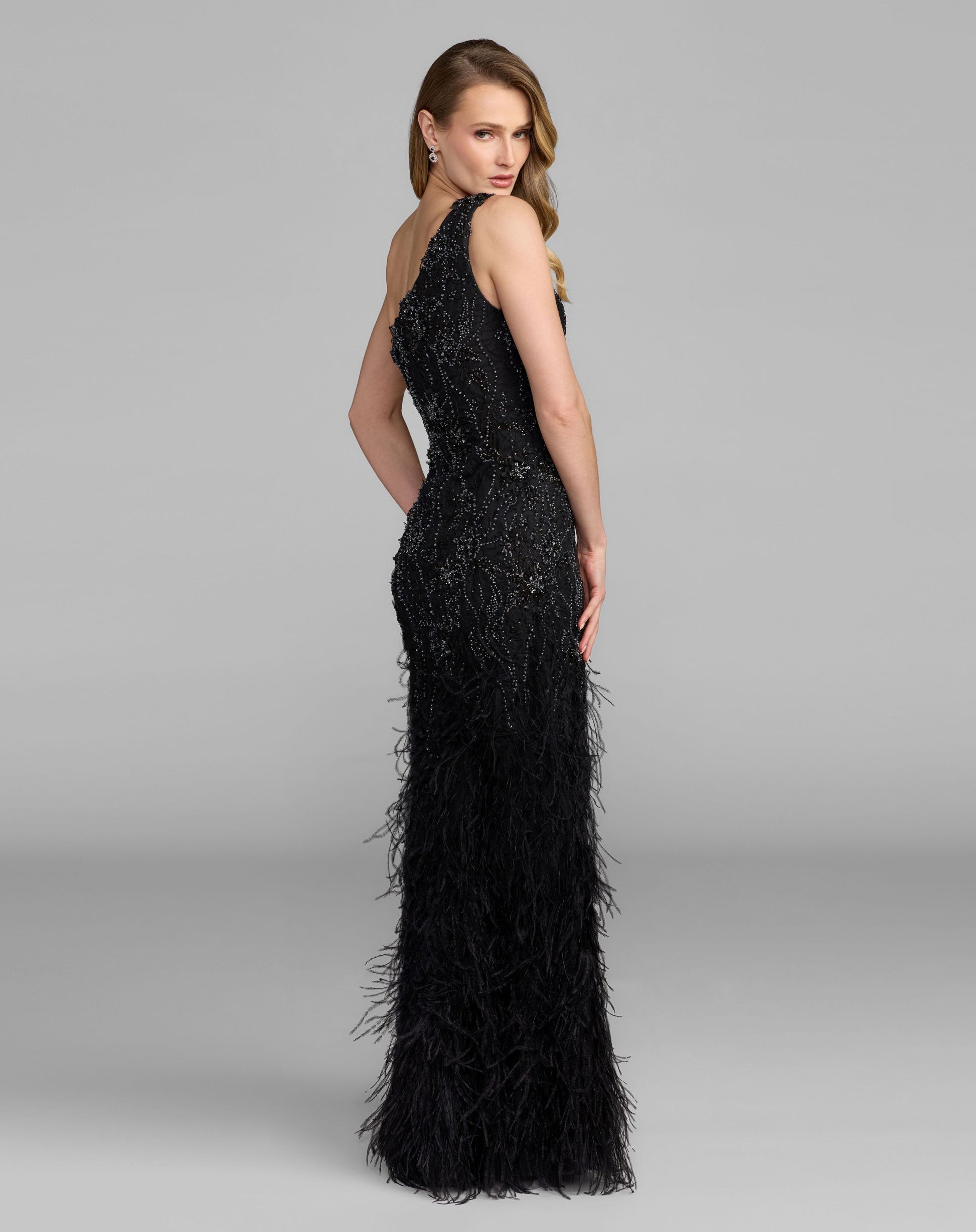 Black Embellished Lace One Shoulder Feather Gown - Mac Duggal
