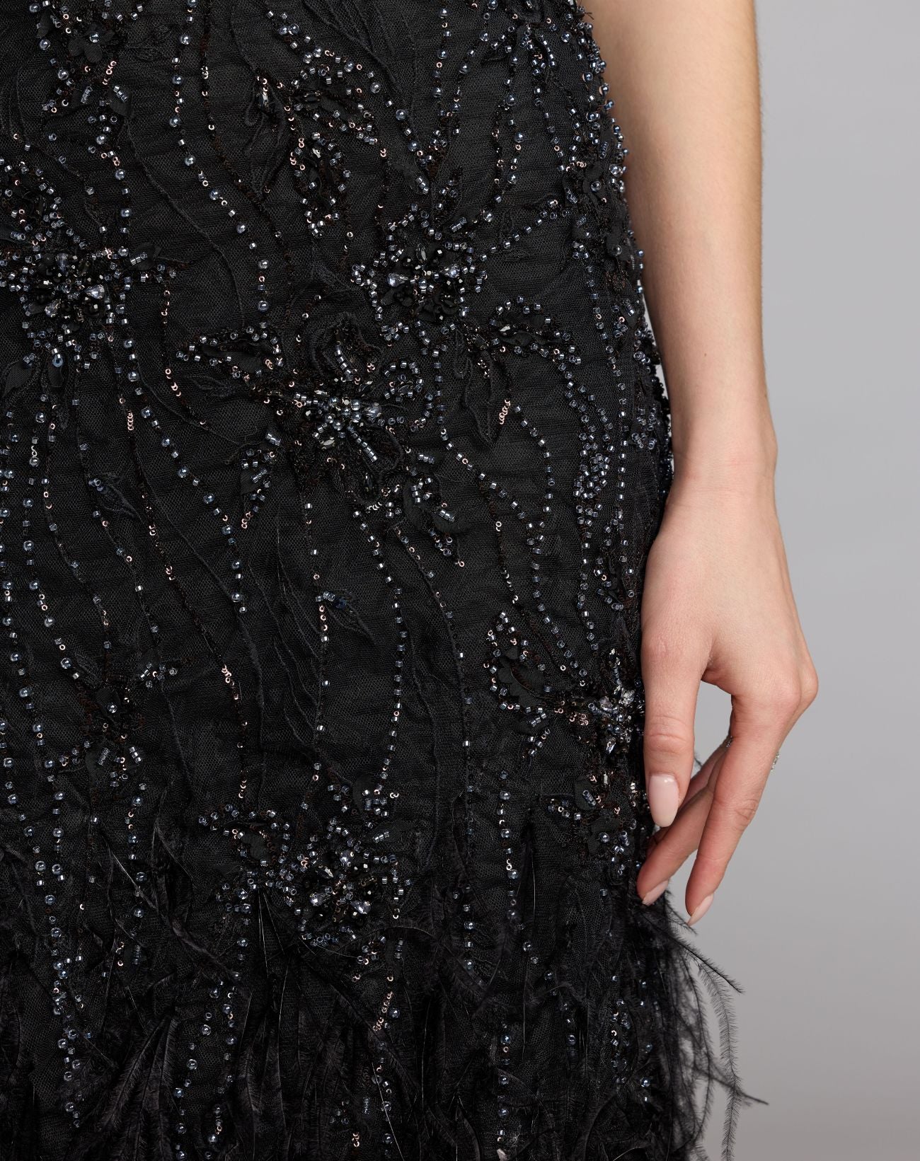 Black Embellished Lace One Shoulder Feather Gown
