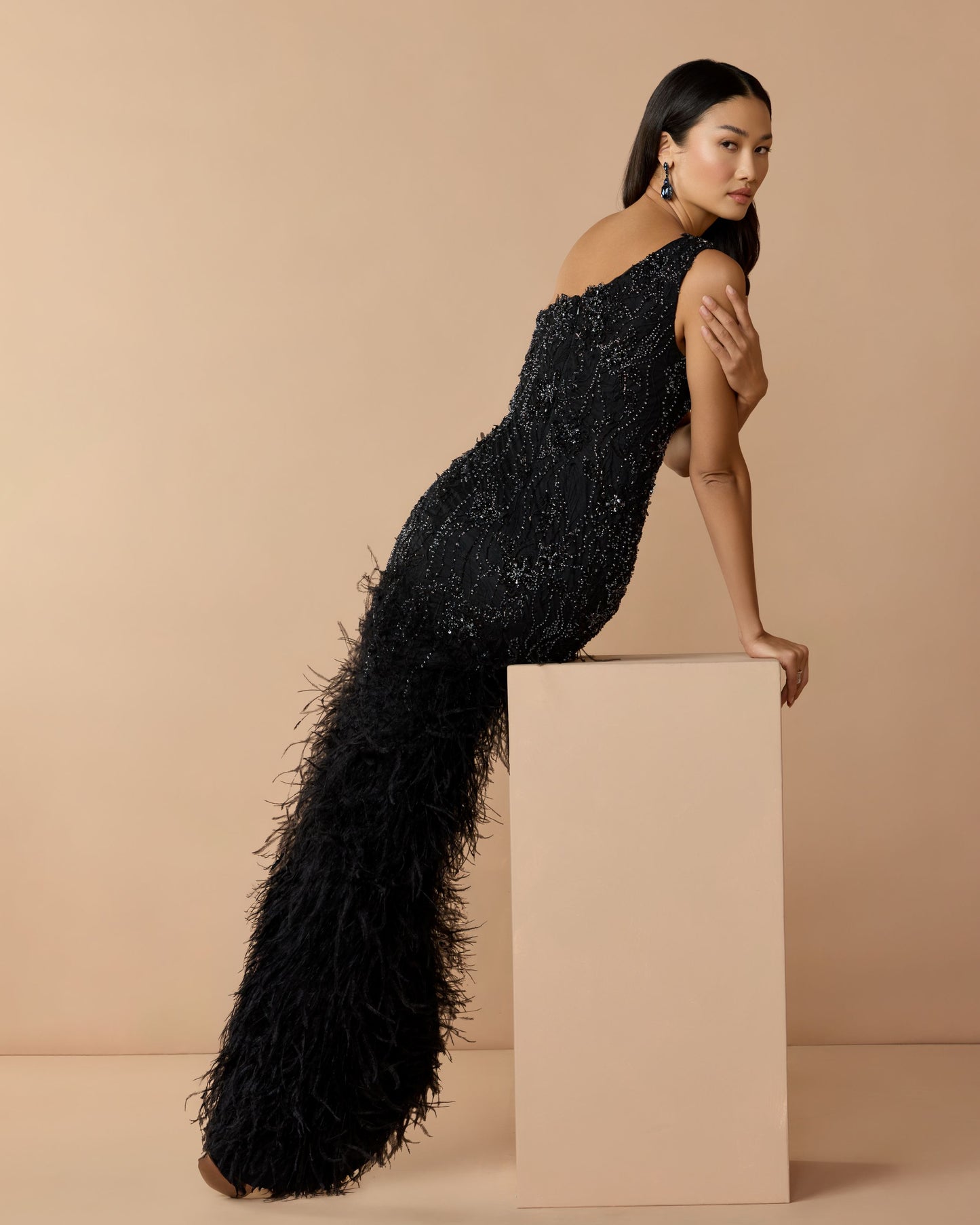 Black Embellished Lace One Shoulder Feather Gown - Mac Duggal