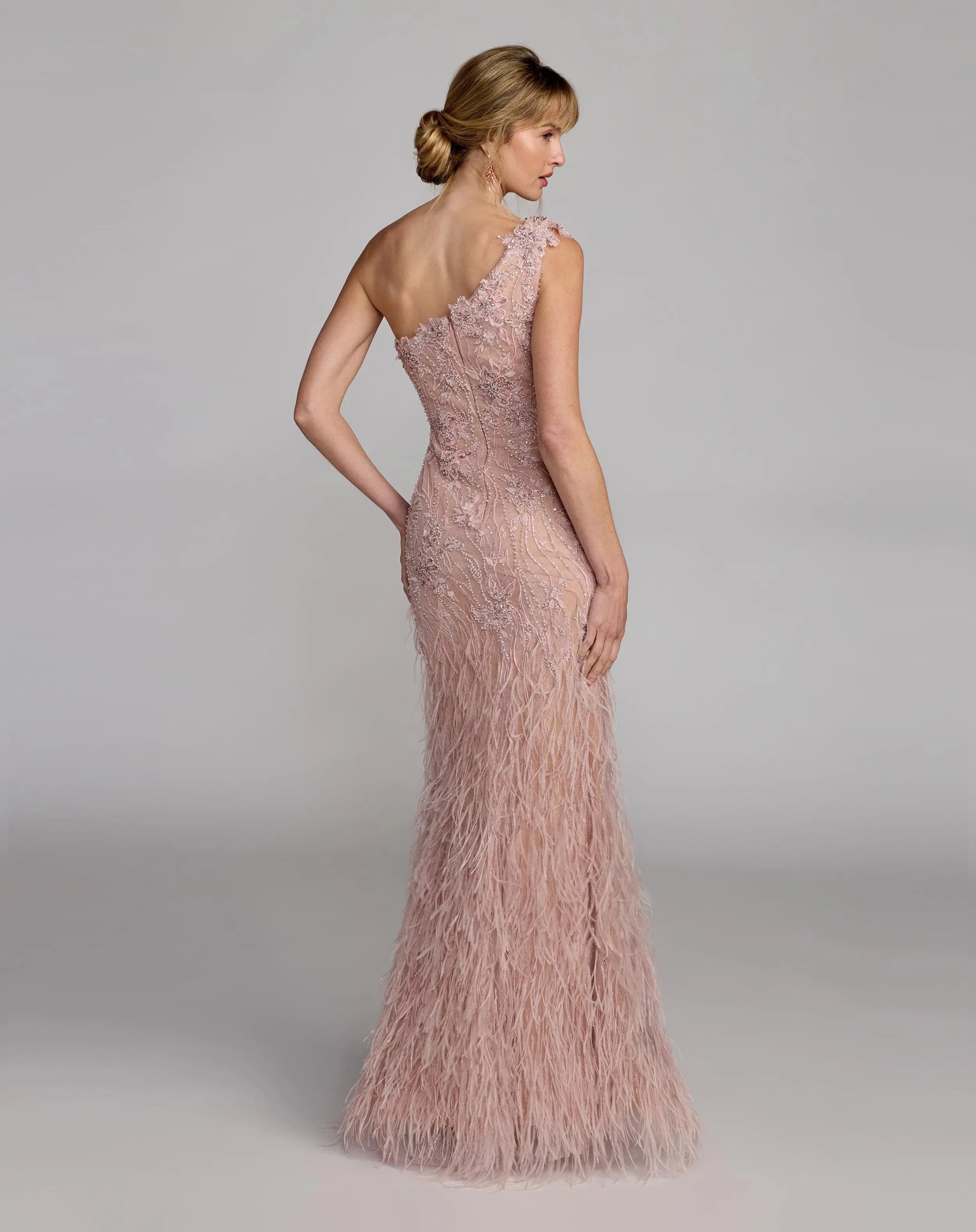 Pink Embellished Lace One Shoulder Feather Gown - Mac Duggal