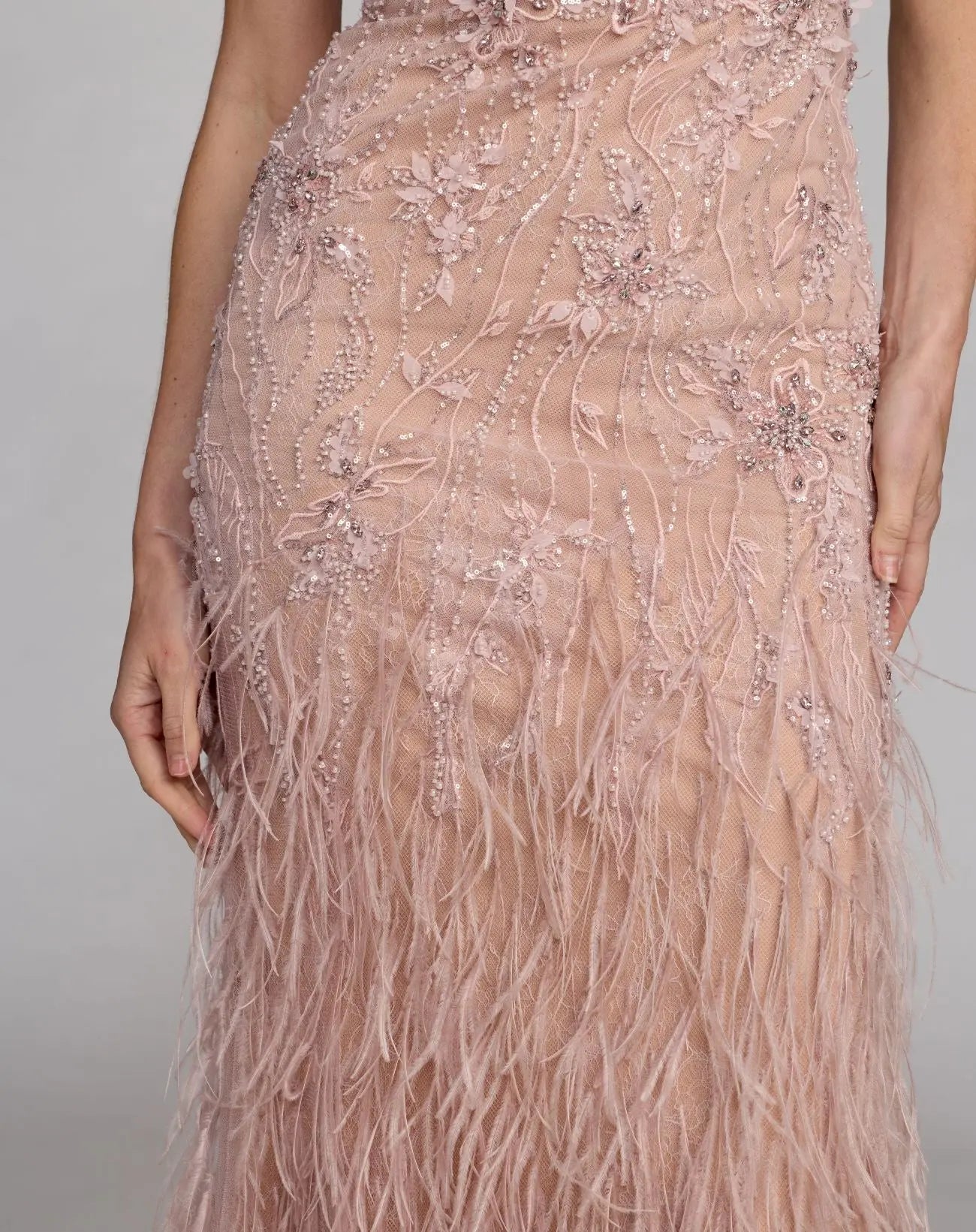 Pink Embellished Lace One Shoulder Feather Gown - Mac Duggal