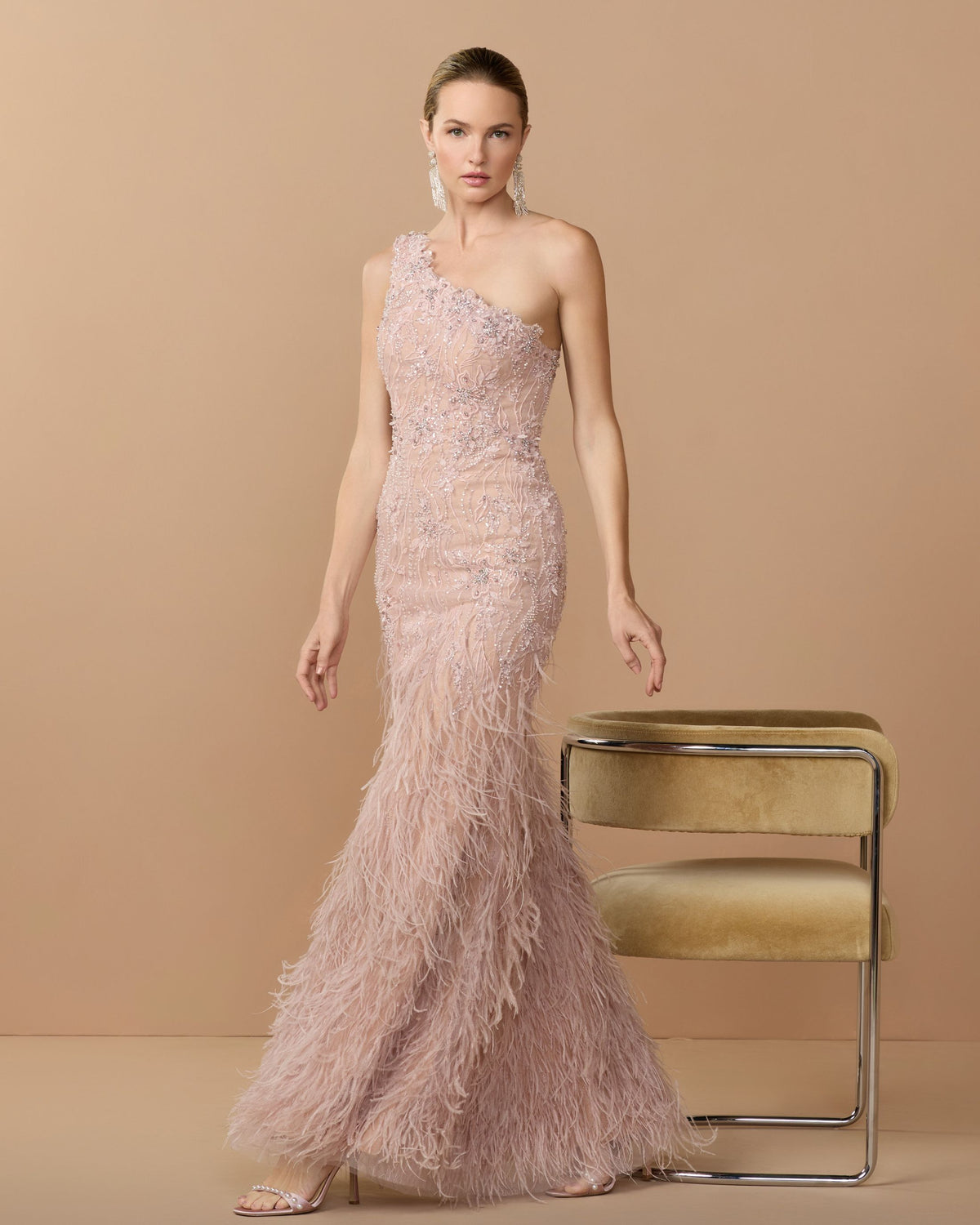Vintage Lilac Embellished Lace One Shoulder Feather Gown - Mac Duggal