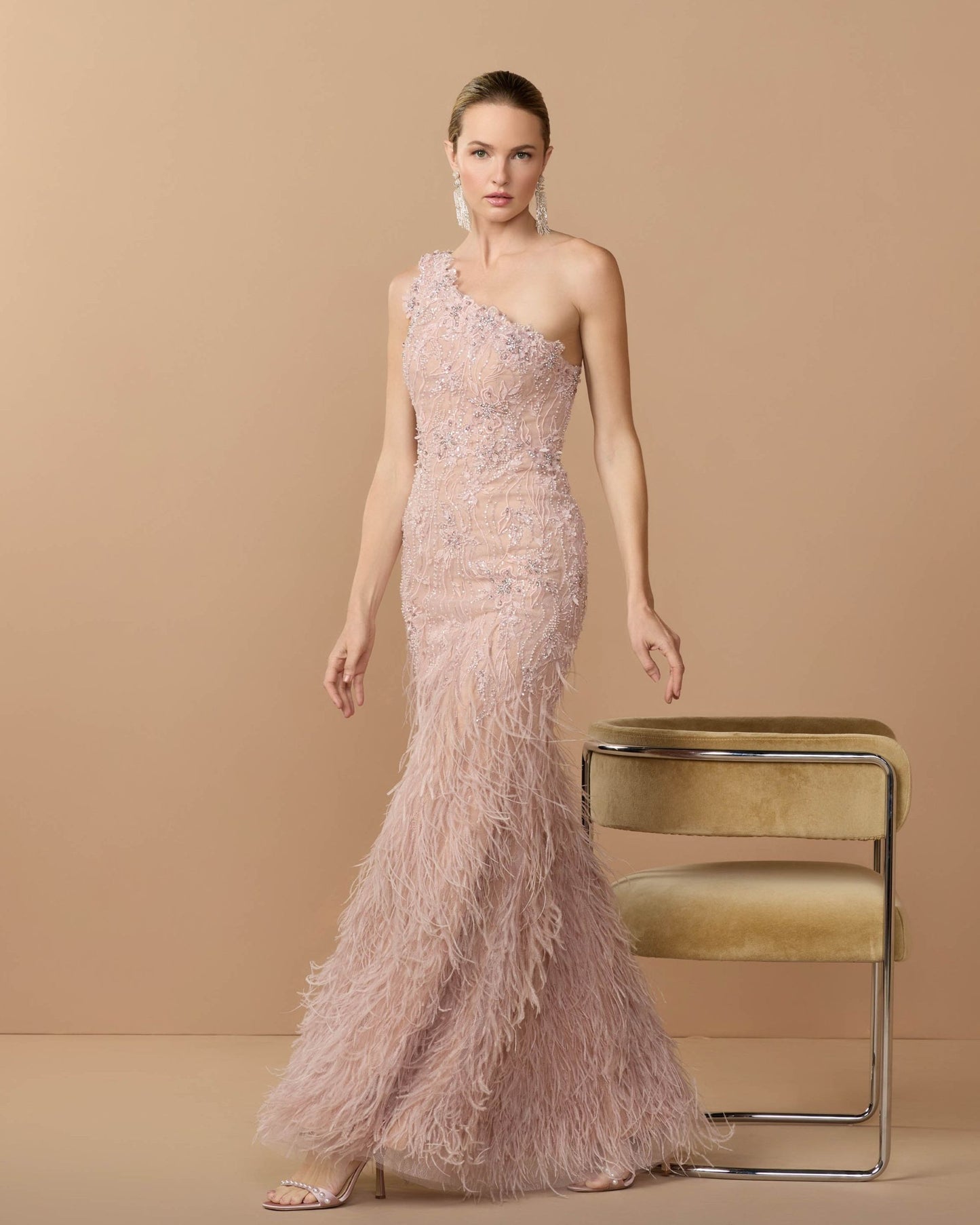 Pink Embellished Lace One Shoulder Feather Gown