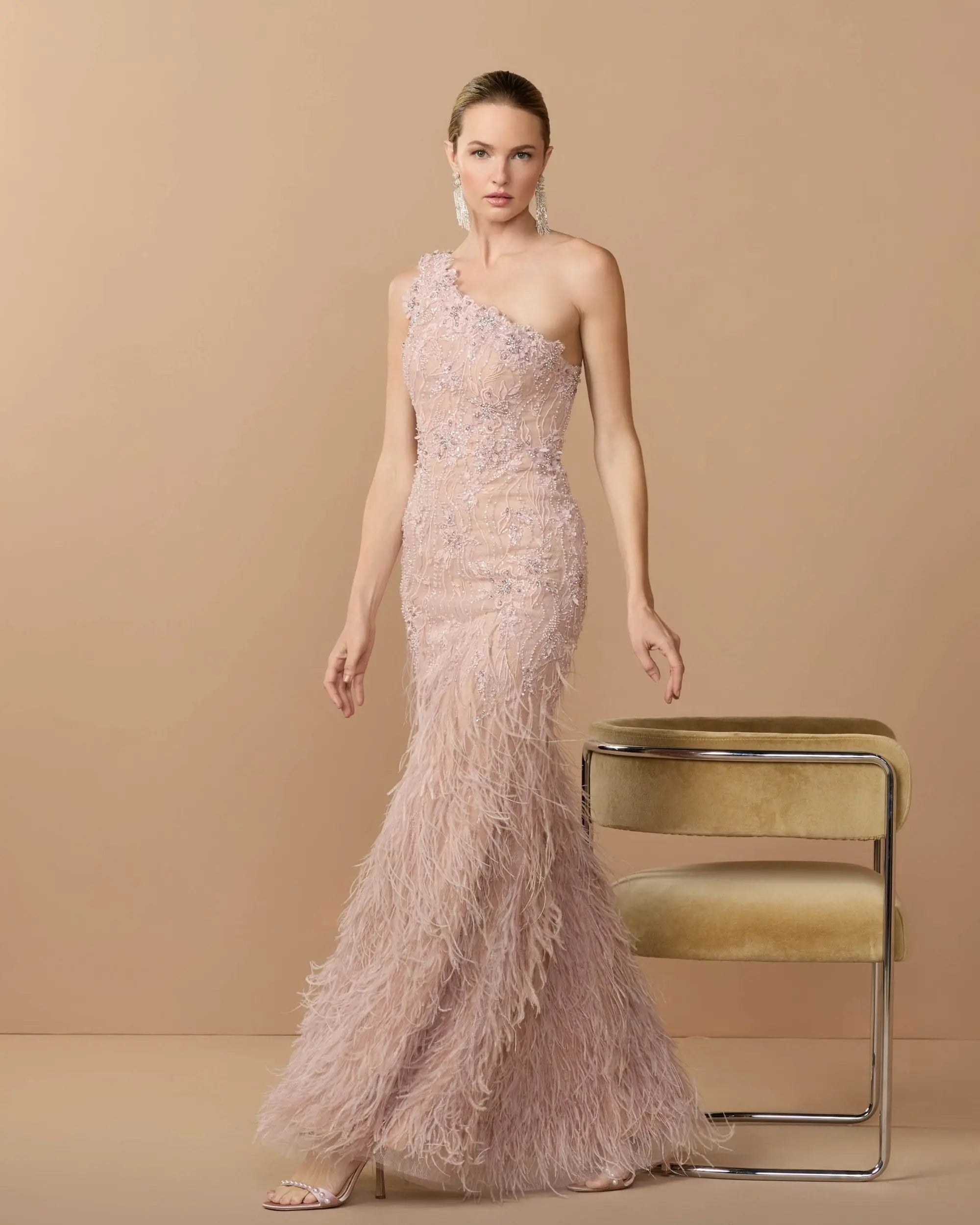 Pink Embellished Lace One Shoulder Feather Gown Mac Duggal