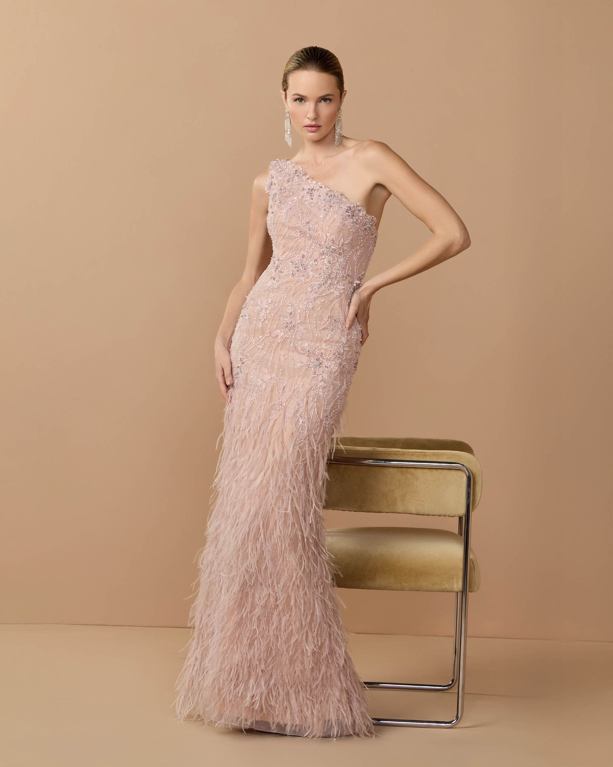 Pink Embellished Lace One Shoulder Feather Gown