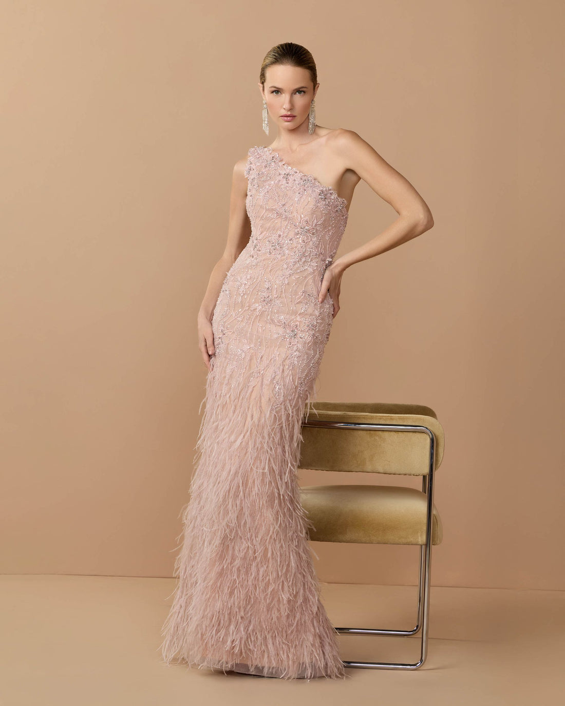 Pink Embellished Lace One Shoulder Feather Gown