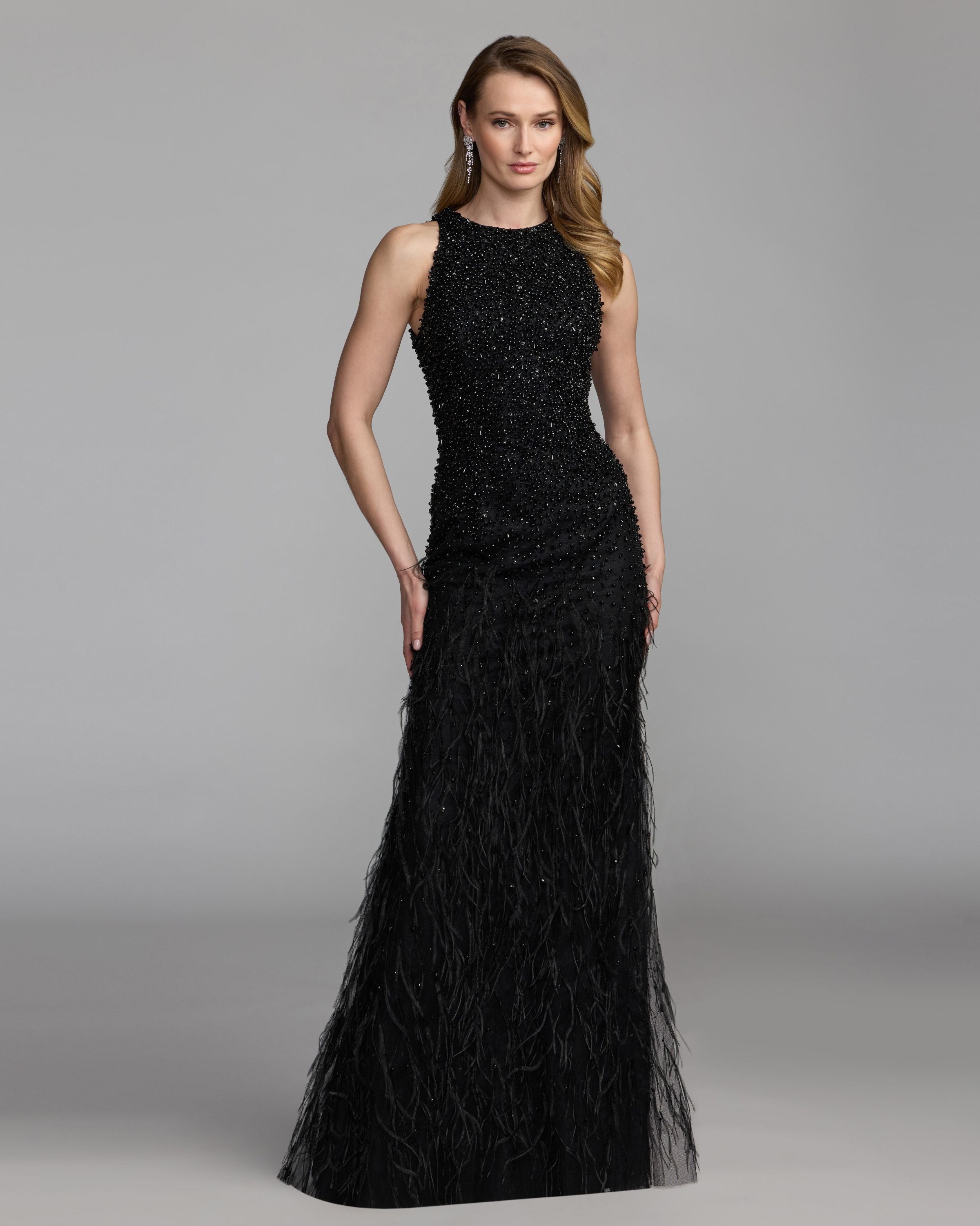 Black Embellished Lace Sleeveless Feather Gown Mac Duggal