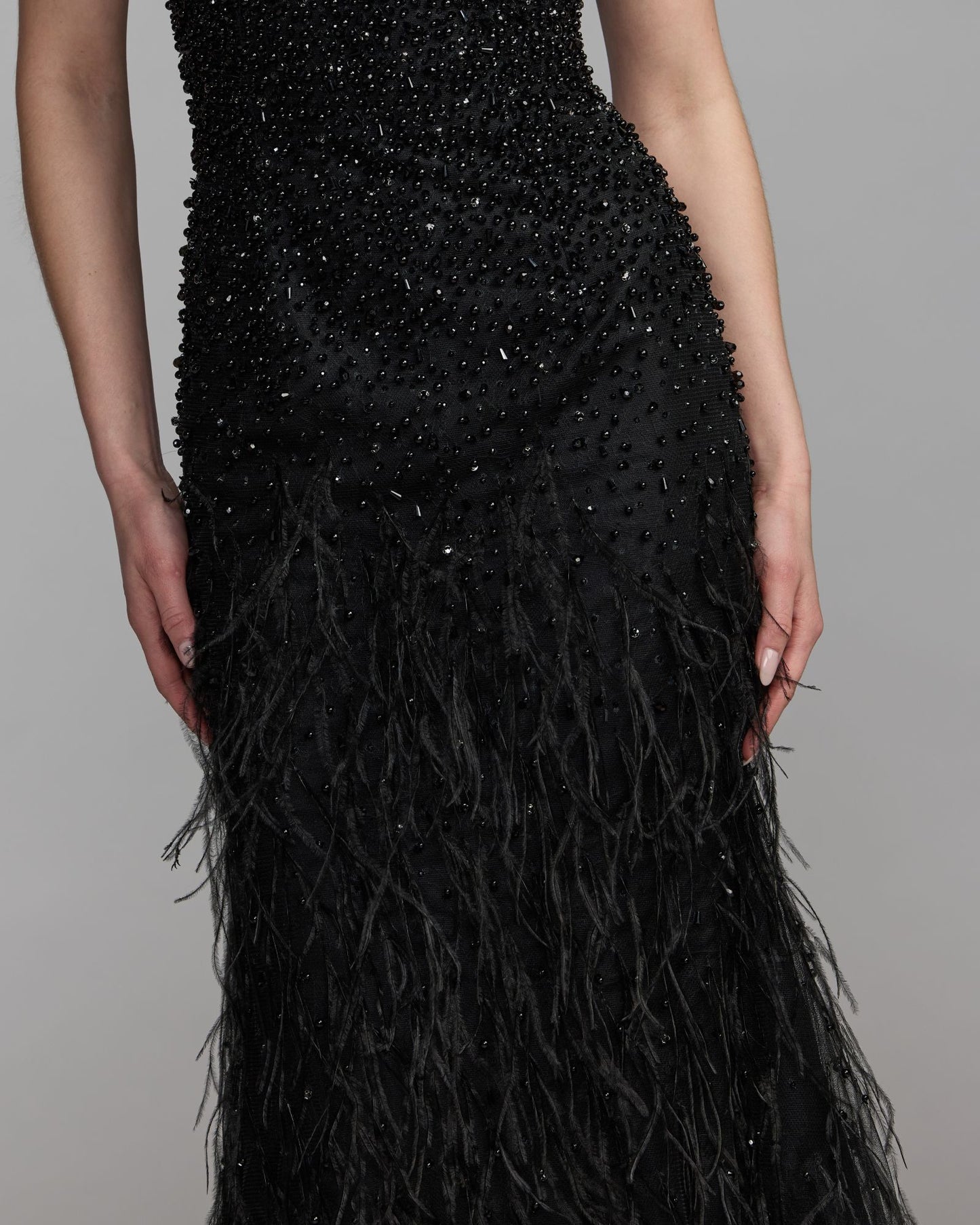 Black Embellished Lace Sleeveless Feather Gown Mac Duggal