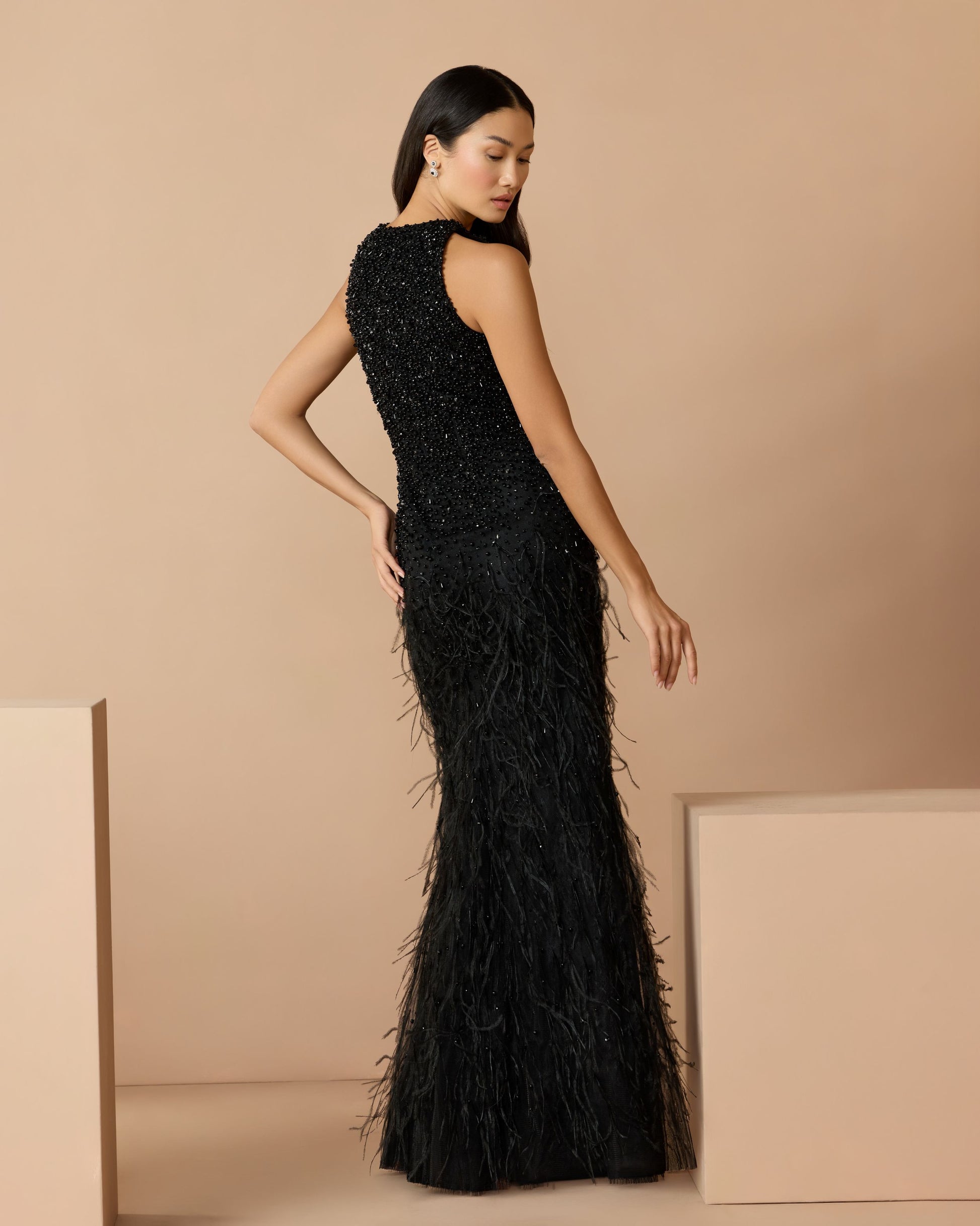 Black Embellished Lace Sleeveless Feather Gown Mac Duggal