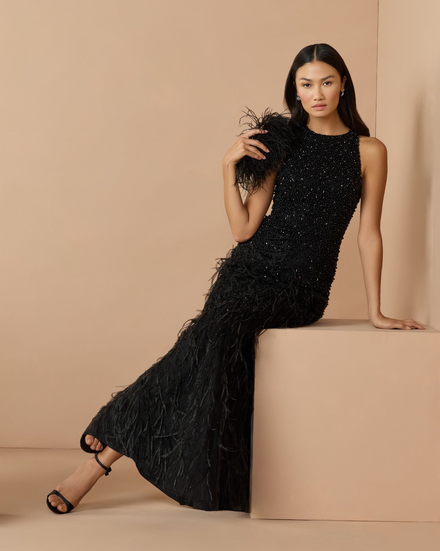 Black Embellished Lace Sleeveless Feather Gown Mac Duggal