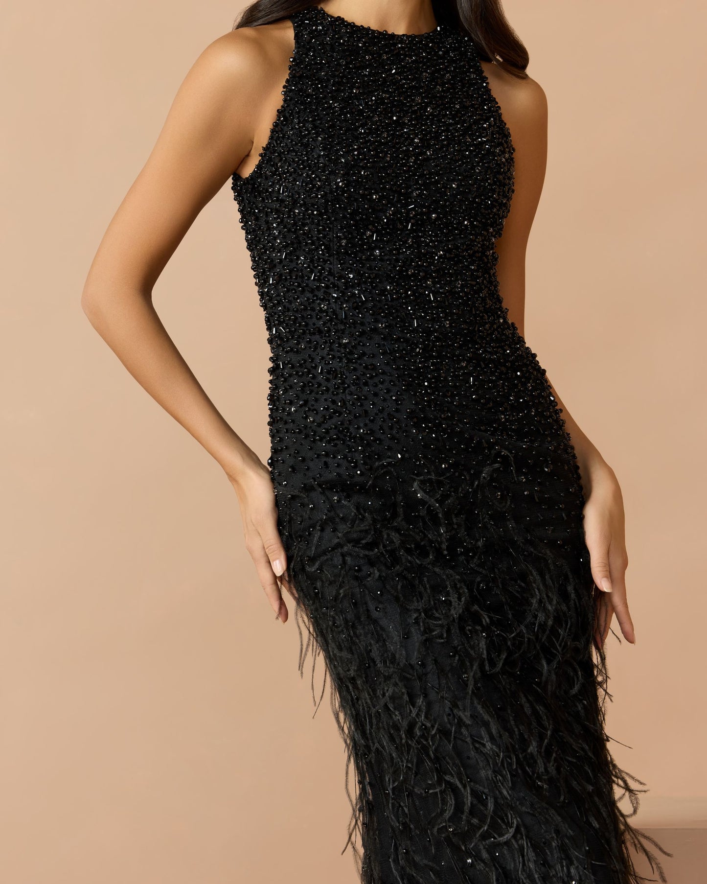 Black Embellished Lace Sleeveless Feather Gown Mac Duggal