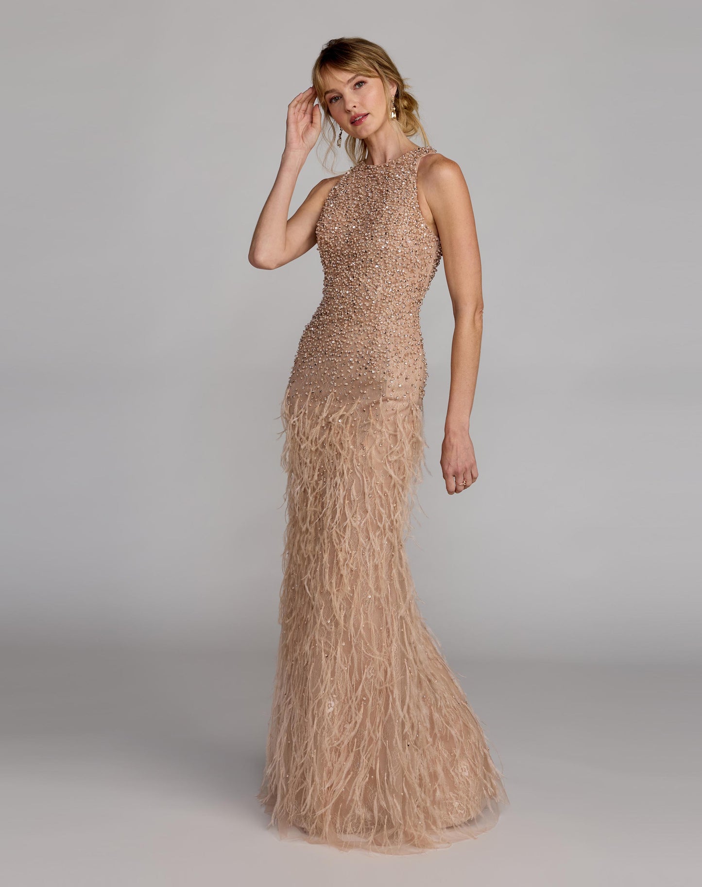 Beige Embellished Lace Sleeveless Feather Gown - Mac Duggal