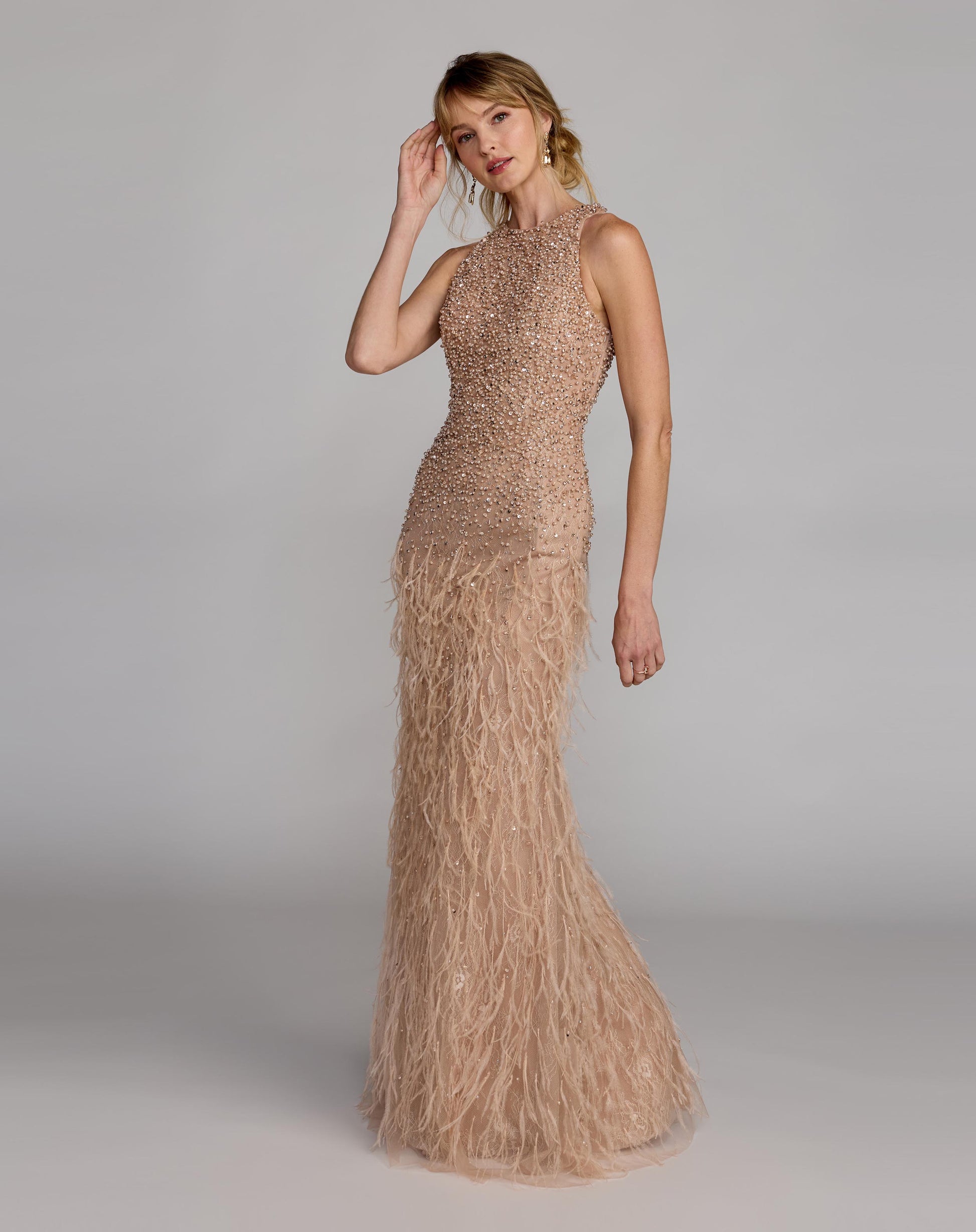 Beige Embellished Lace Sleeveless Feather Gown - Mac Duggal