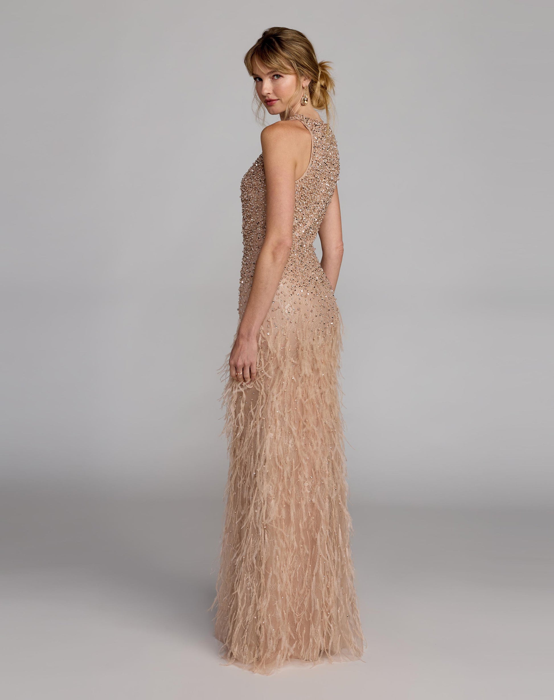 Beige Embellished Lace Sleeveless Feather Gown - Mac Duggal
