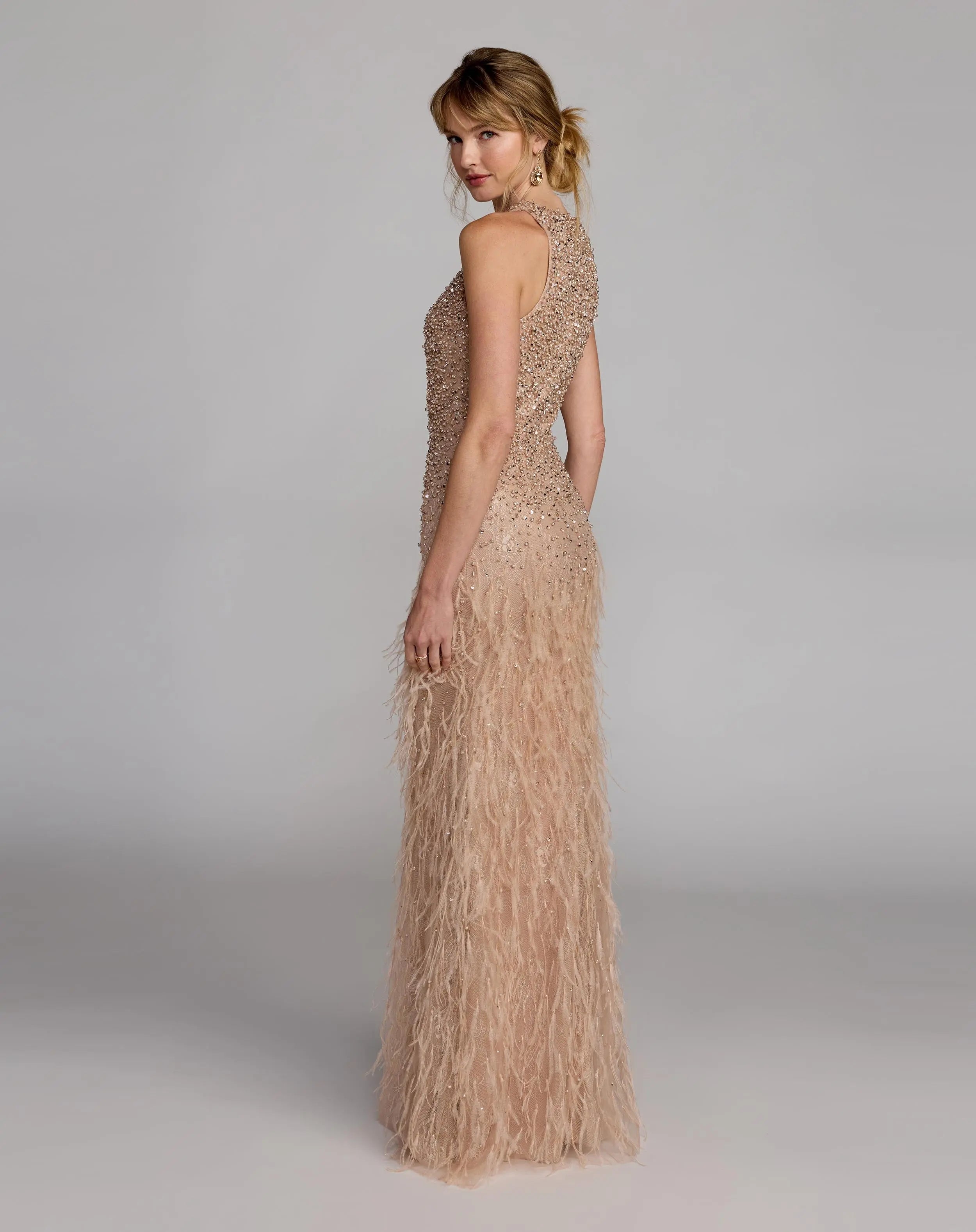 Beige Embellished Lace Sleeveless Feather Gown - Mac Duggal