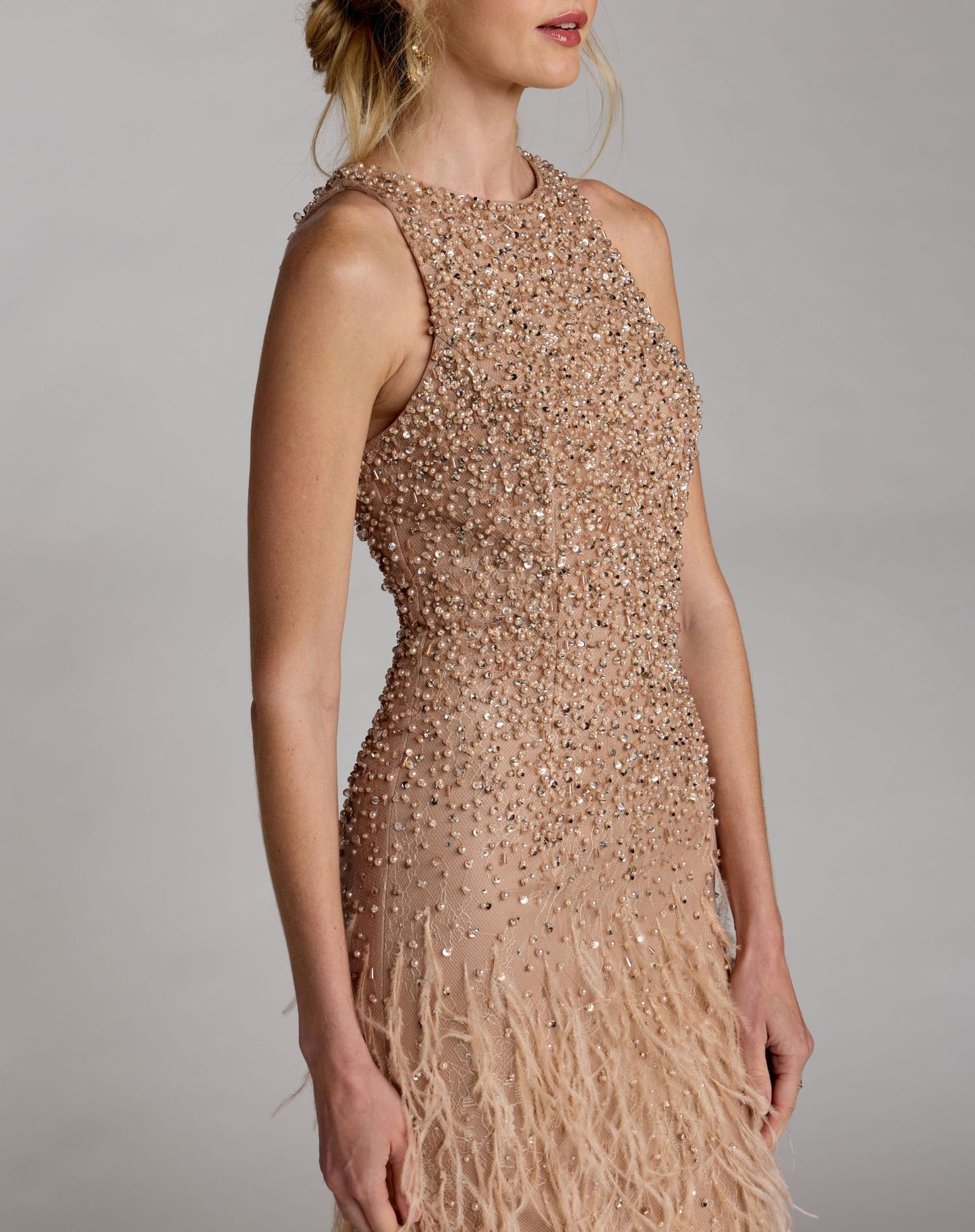 Beige Embellished Lace Sleeveless Feather Gown - Mac Duggal