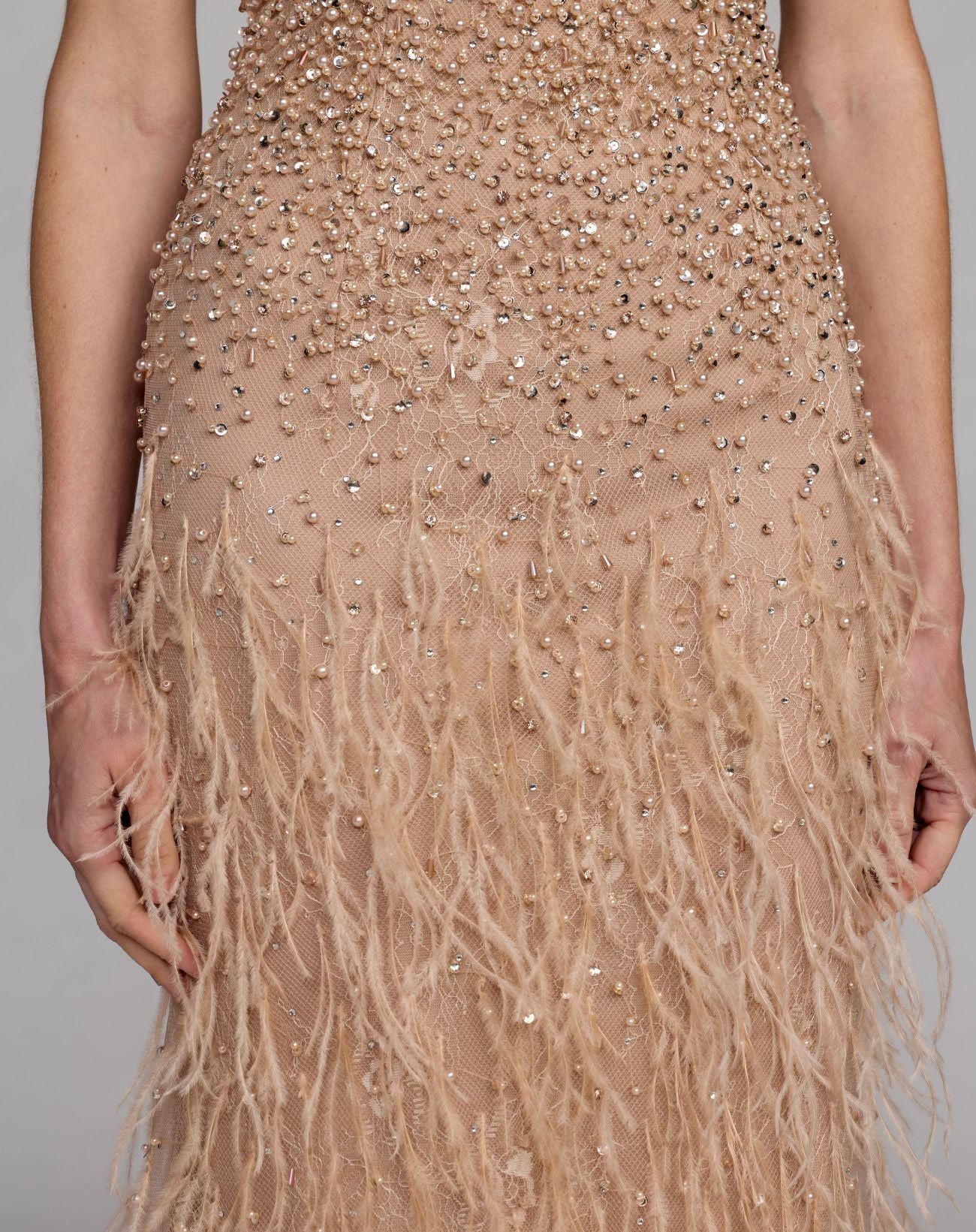 Beige Embellished Lace Sleeveless Feather Gown - Mac Duggal