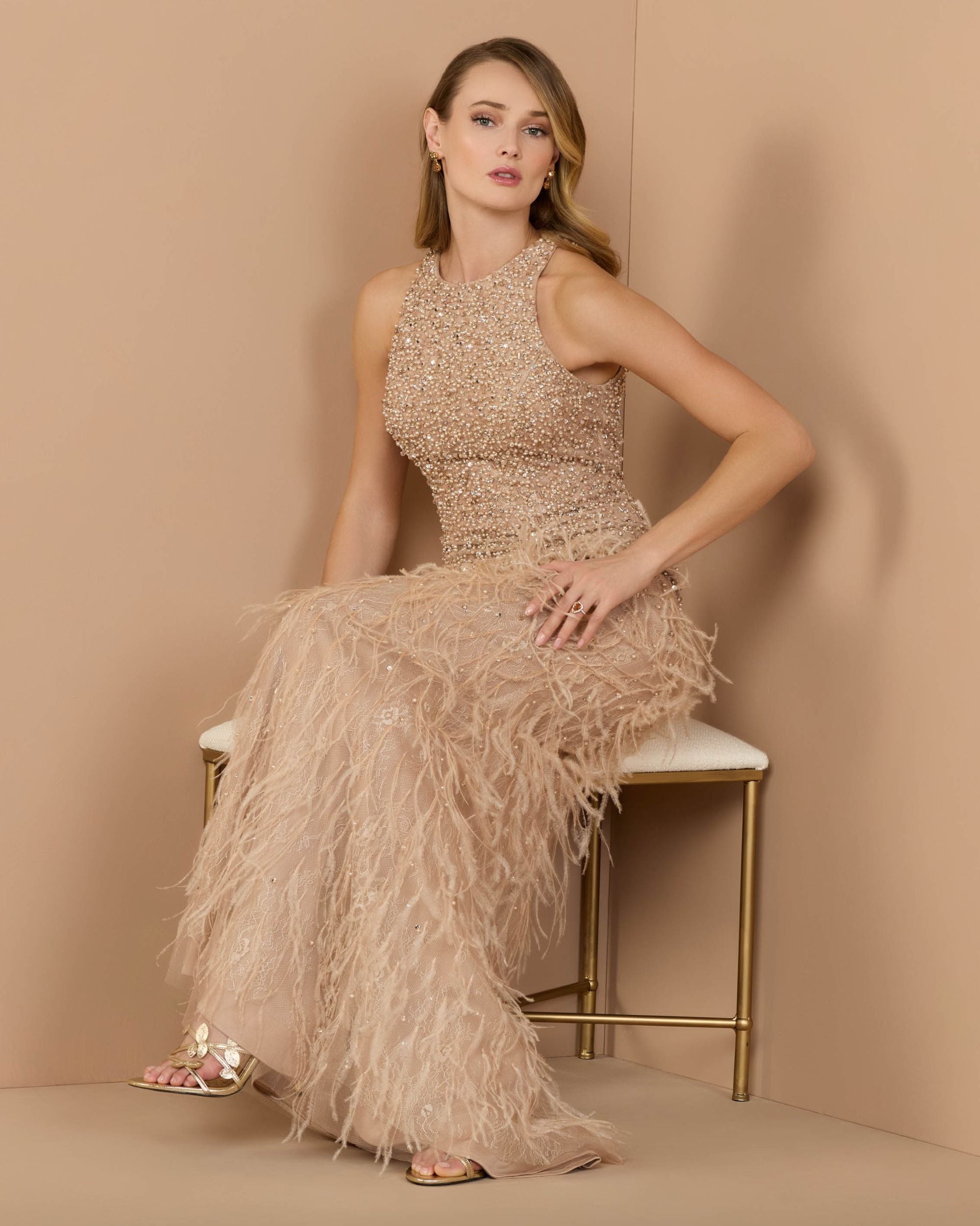 Beige Embellished Lace Sleeveless Feather Gown - Mac Duggal