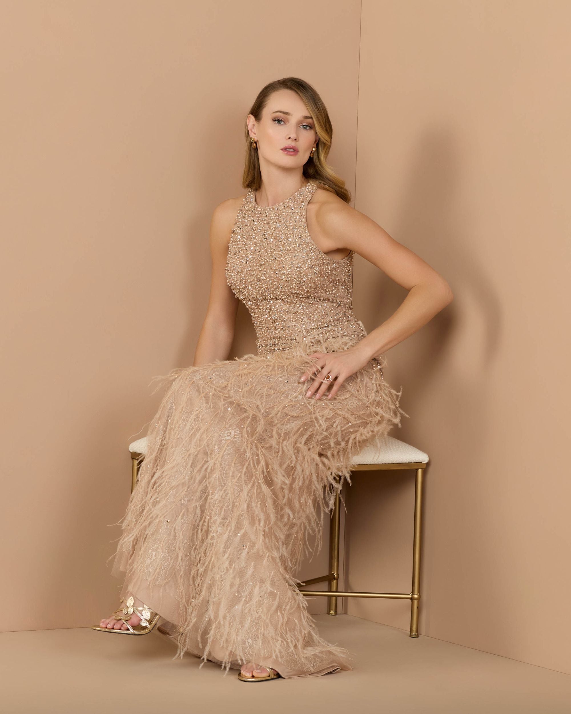 Beige Embellished Lace Sleeveless Feather Gown - Mac Duggal
