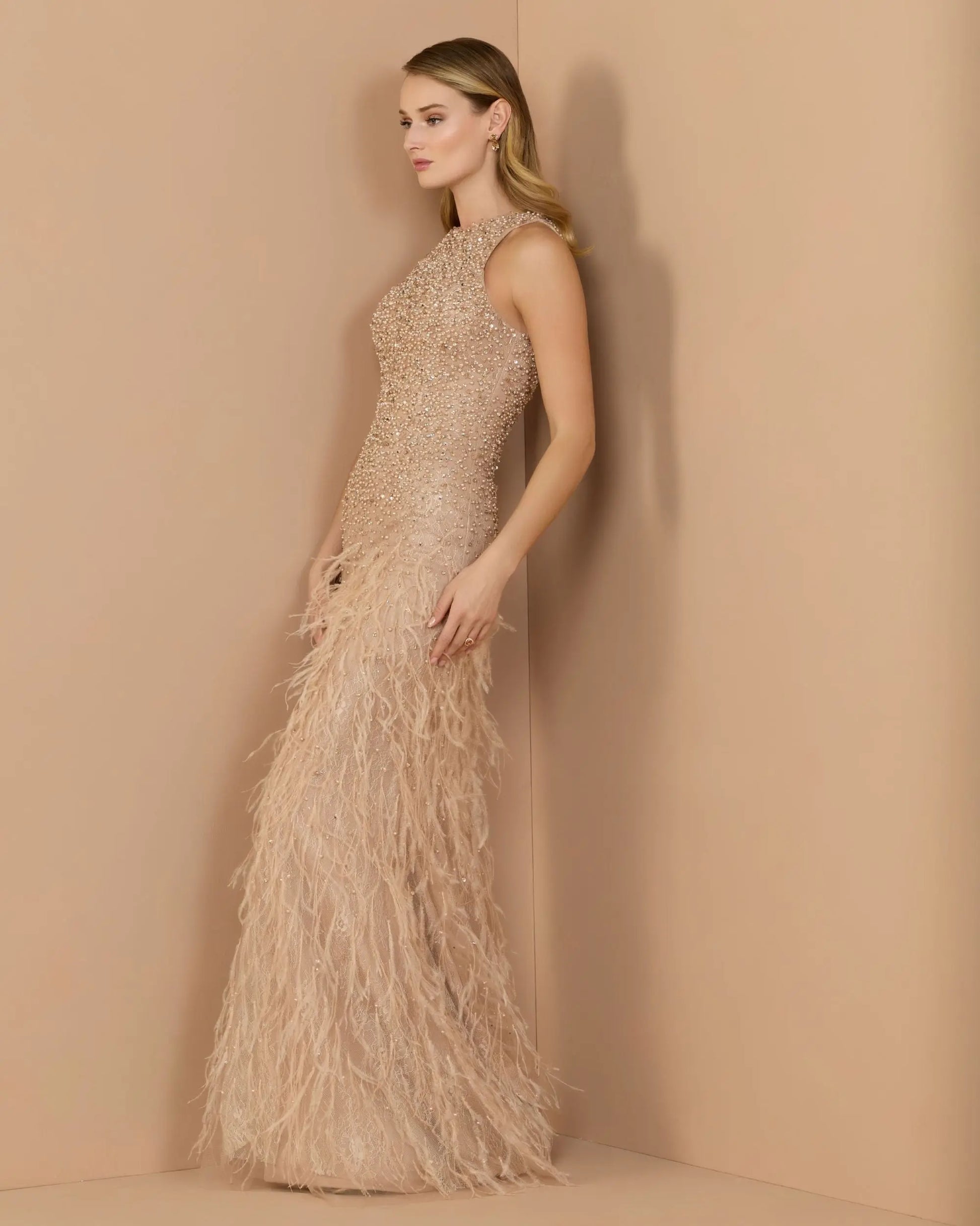 Beige Embellished Lace Sleeveless Feather Gown - Mac Duggal