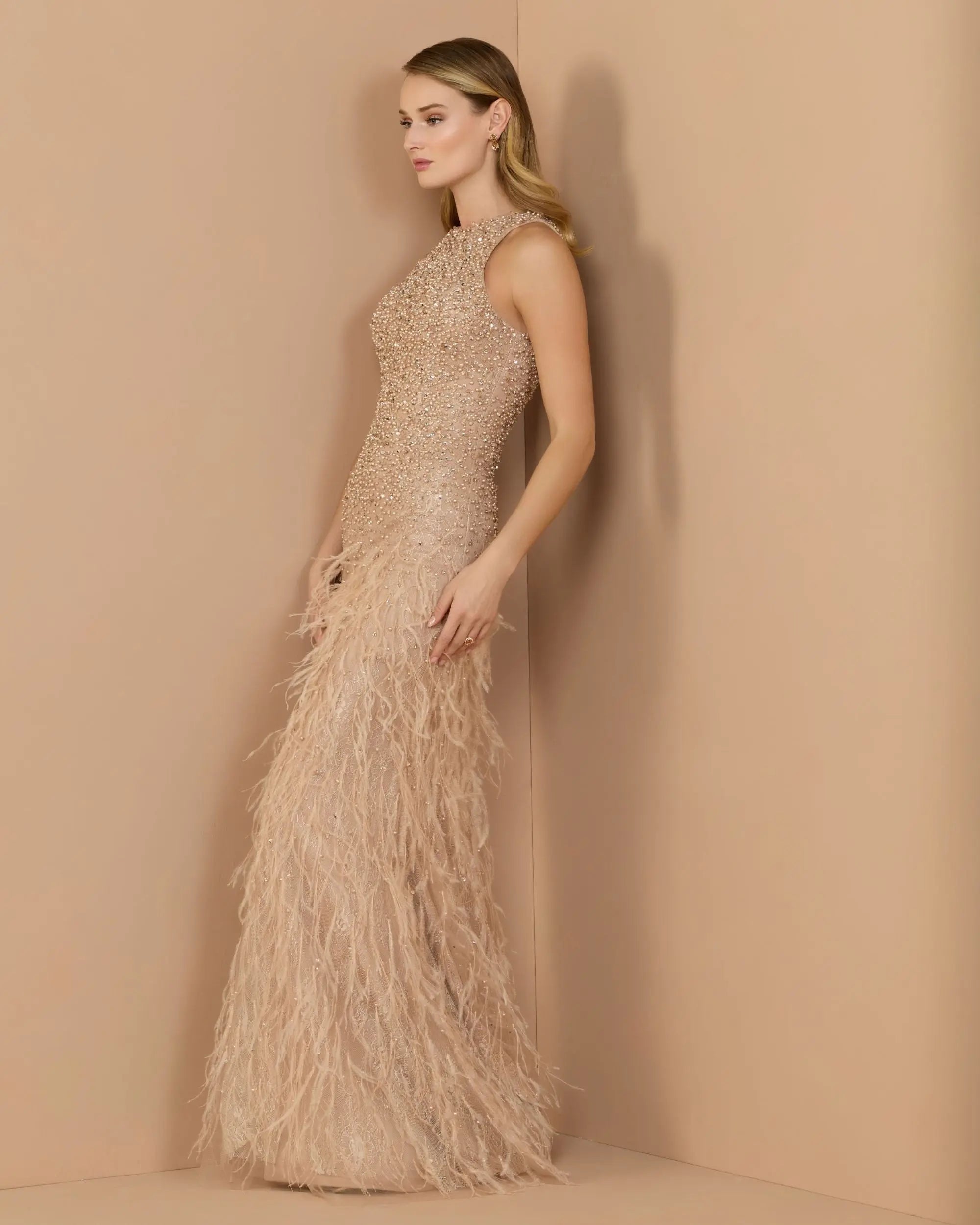 Beige Embellished Lace Sleeveless Feather Gown - Mac Duggal