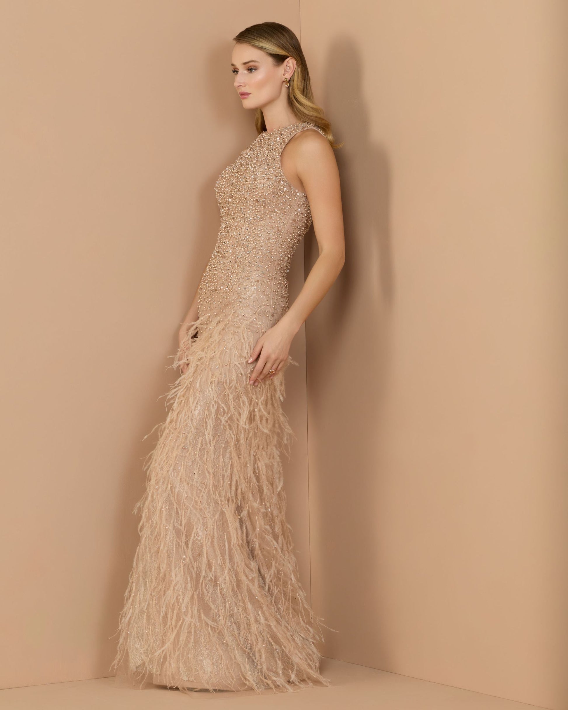 Beige Embellished Lace Sleeveless Feather Gown - Mac Duggal