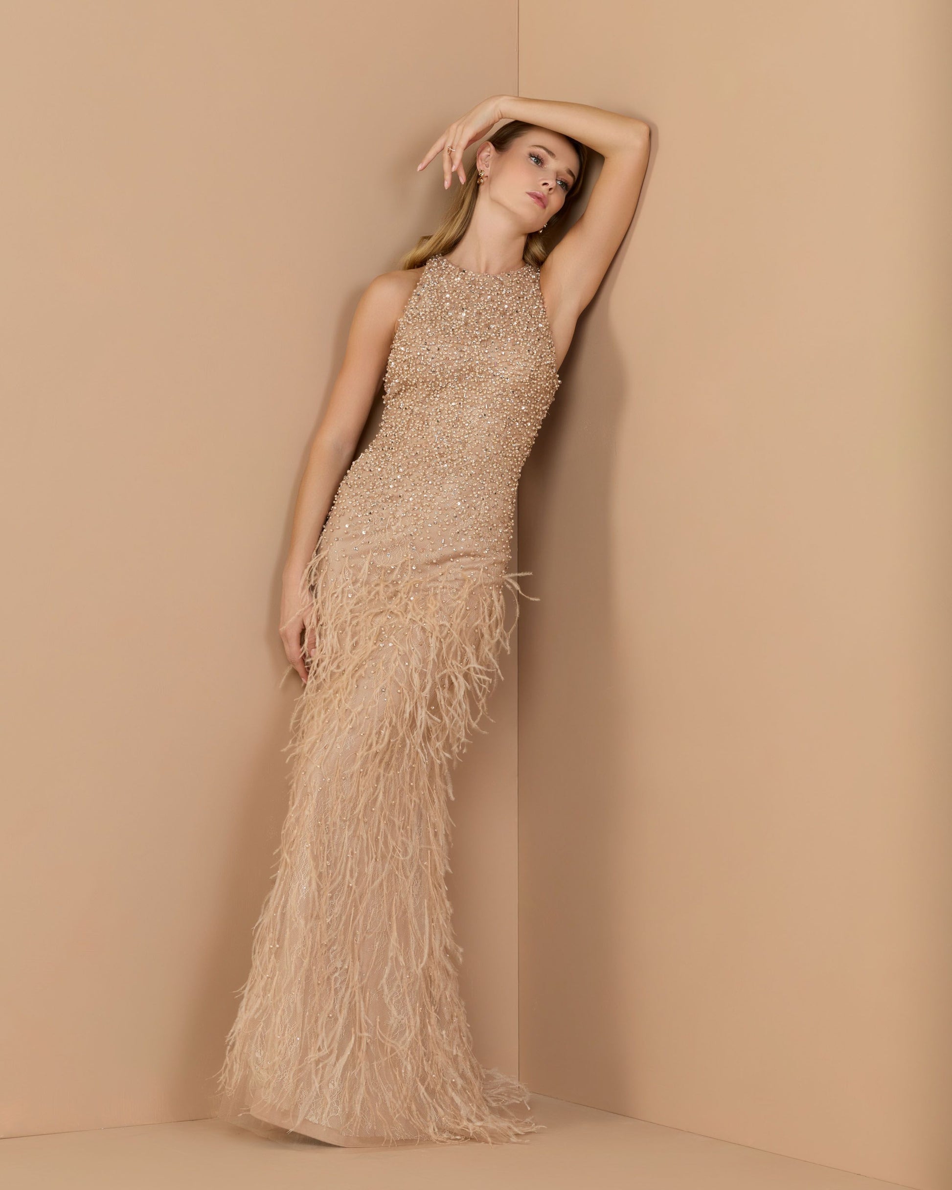 Beige Embellished Lace Sleeveless Feather Gown - Mac Duggal