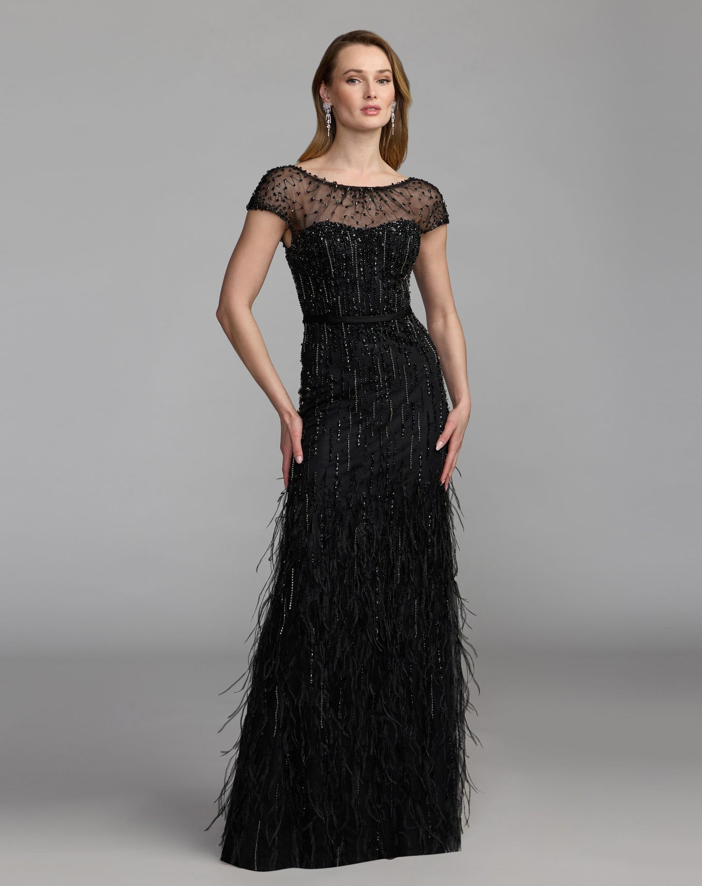 Black Rhinestone Embellished Illusion Neck Feather Gown - Mac Duggal