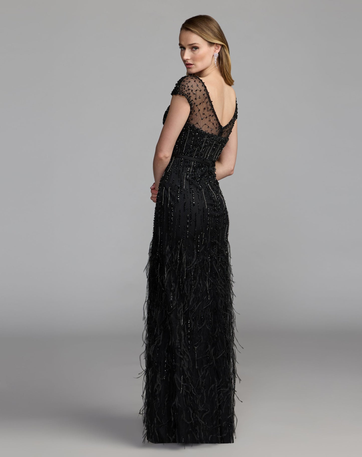 Black Rhinestone Embellished Illusion Neck Feather Gown - Mac Duggal