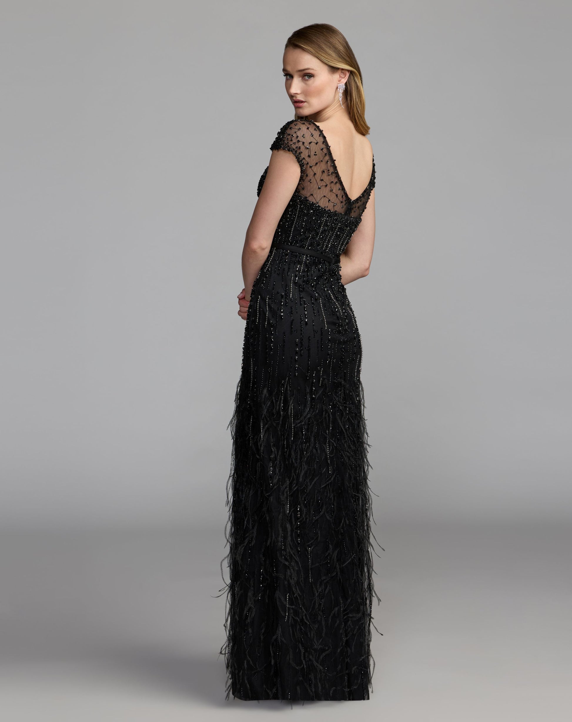 Black Rhinestone Embellished Illusion Neck Feather Gown - Mac Duggal