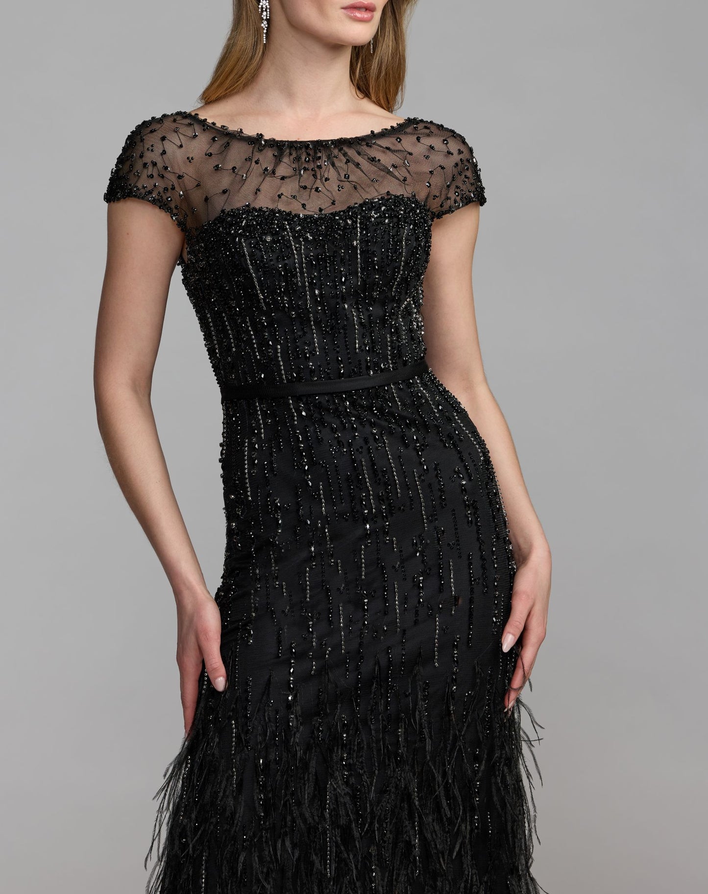 Black Rhinestone Embellished Illusion Neck Feather Gown - Mac Duggal