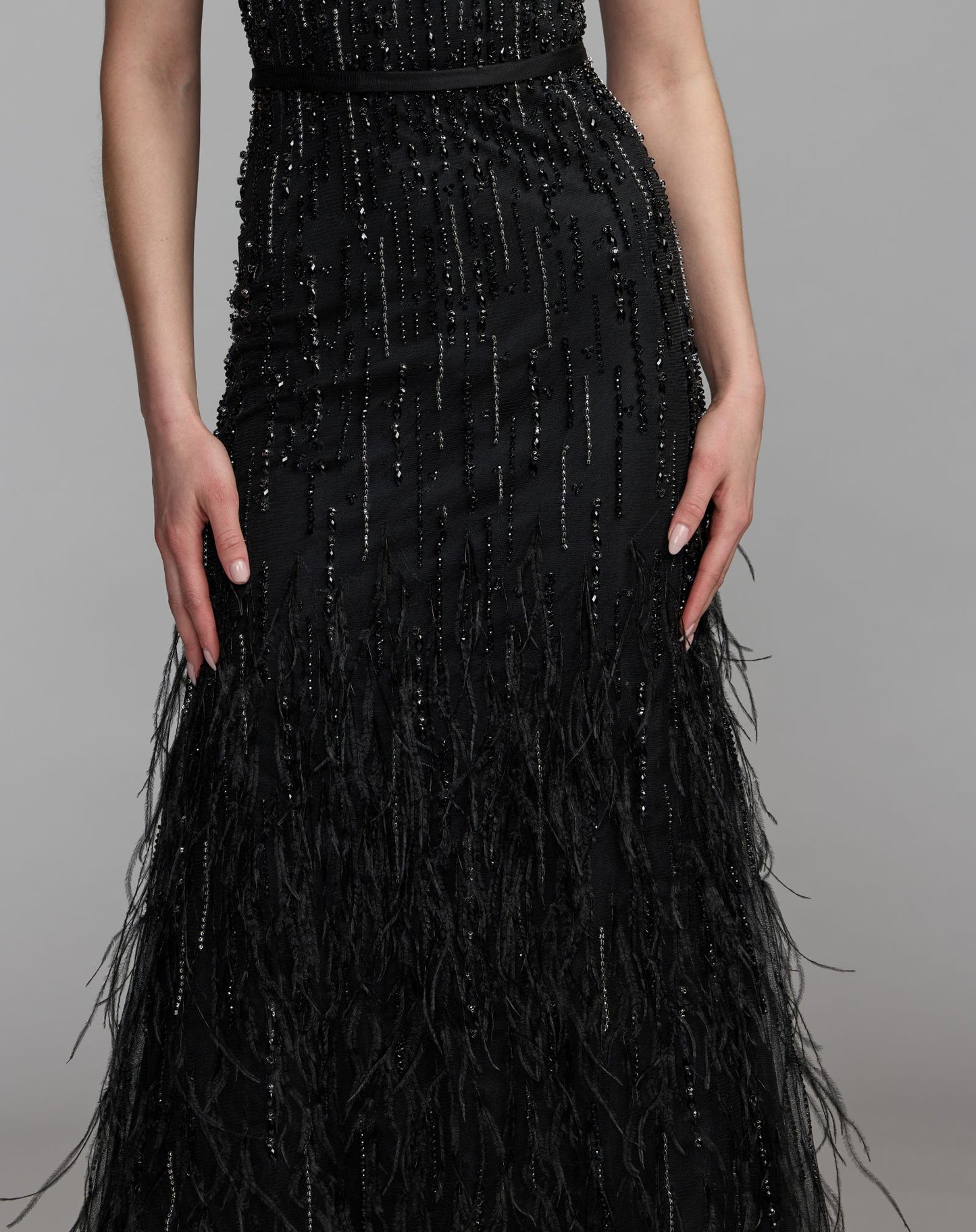 Black Rhinestone Embellished Illusion Neck Feather Gown - Mac Duggal