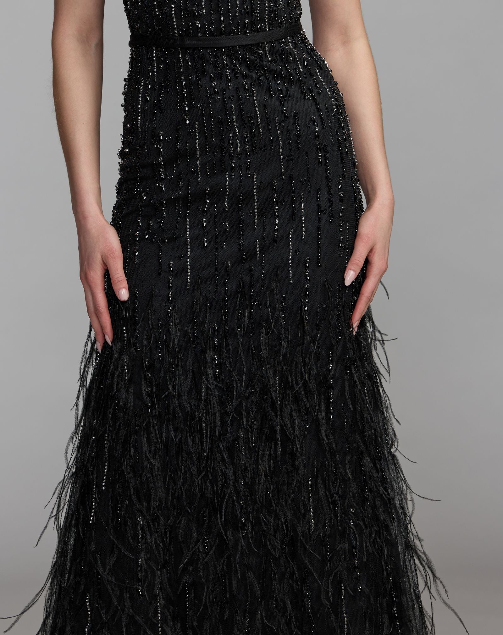 Black Rhinestone Embellished Illusion Neck Feather Gown - Mac Duggal