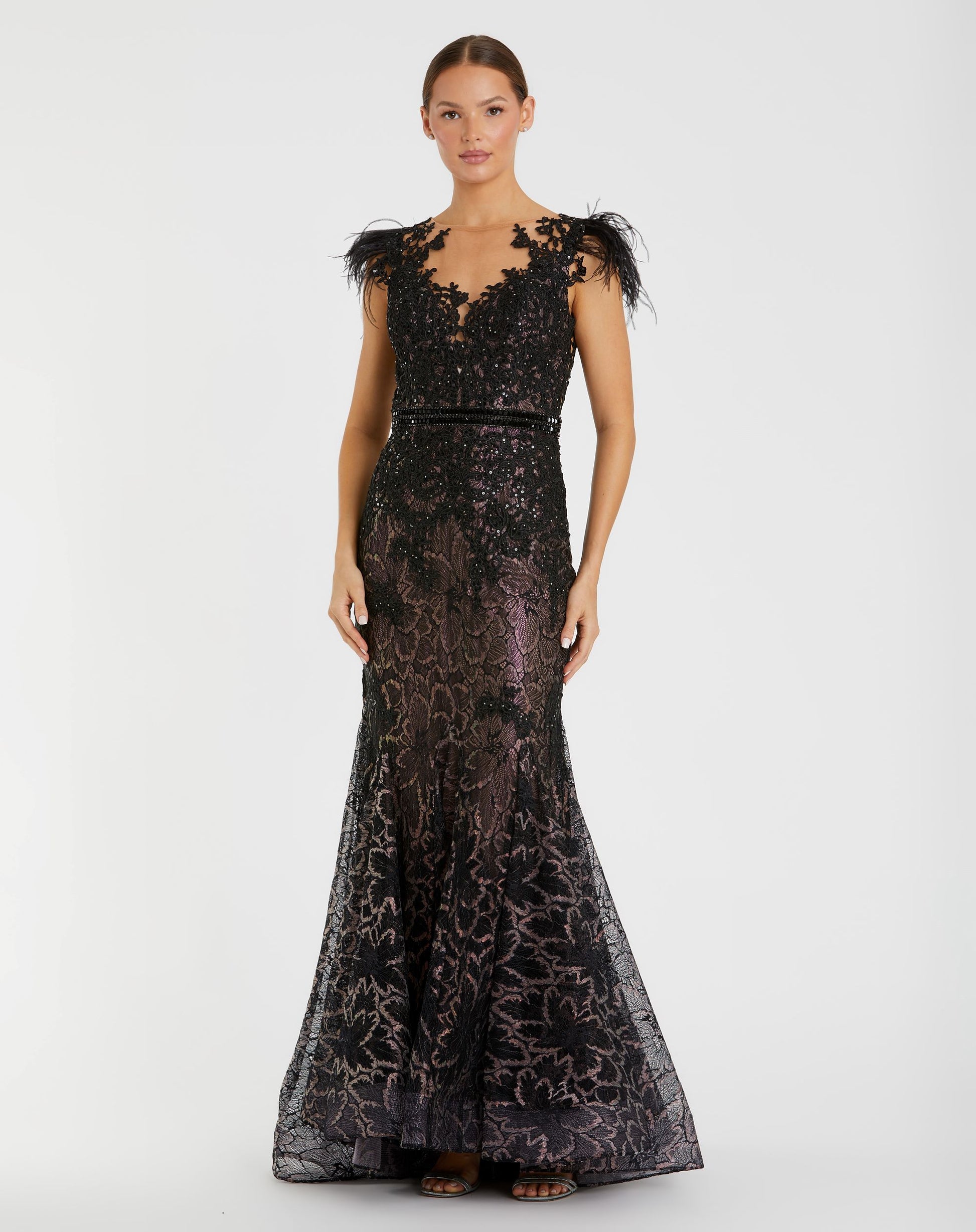 Embellished Feather Cap Sleeve Illusion Neck Trumpet Gown