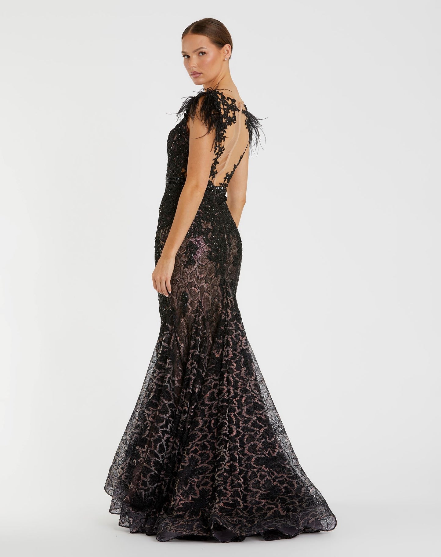 Embellished Feather Cap Sleeve Illusion Neck Trumpet Gown