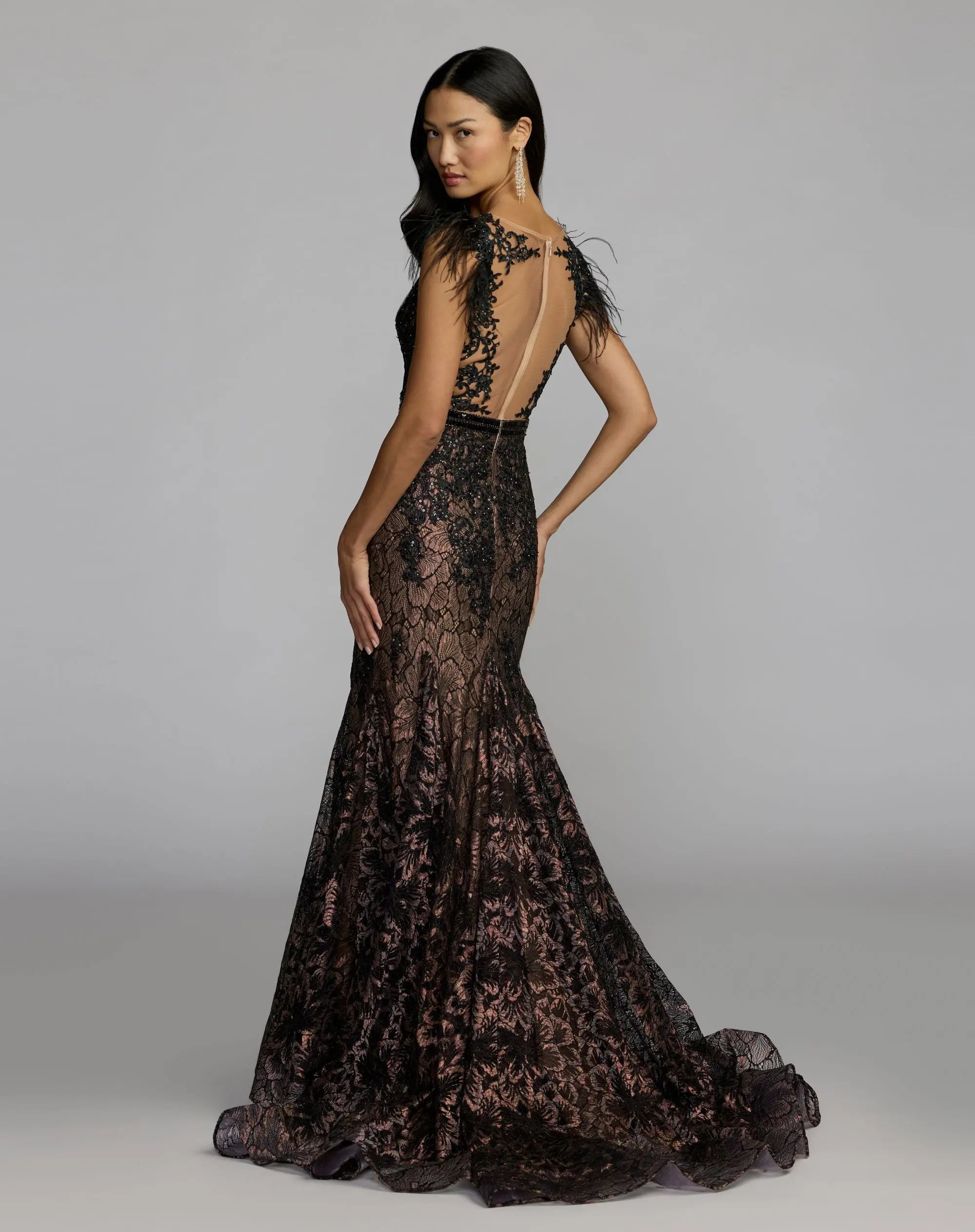 Black Embellished Lace High Neck Gown With Feather Sleeves - Mac Duggal