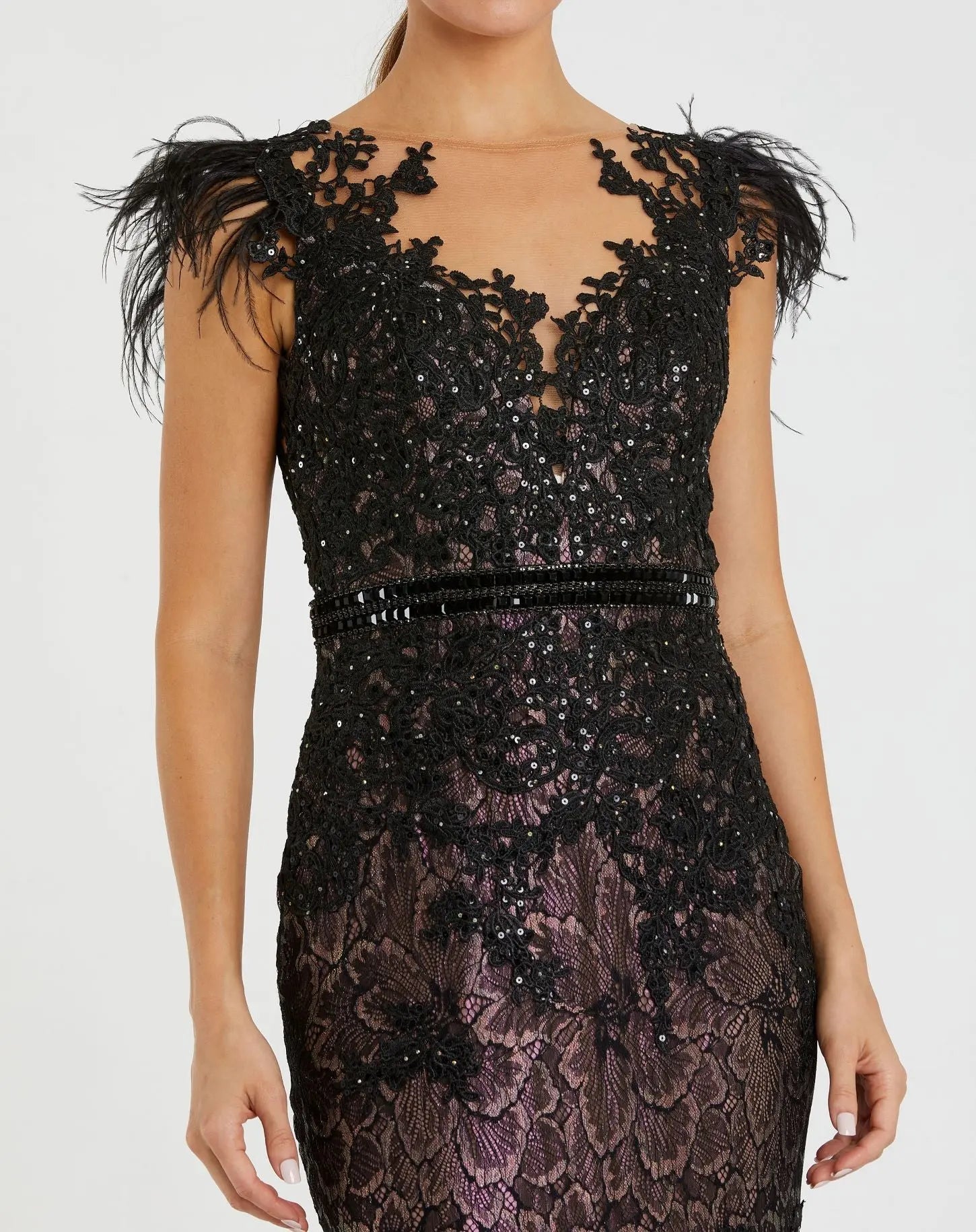 Black Embellished Feather Cap Sleeve Illusion Neck Trumpet Gown - Mac Duggal