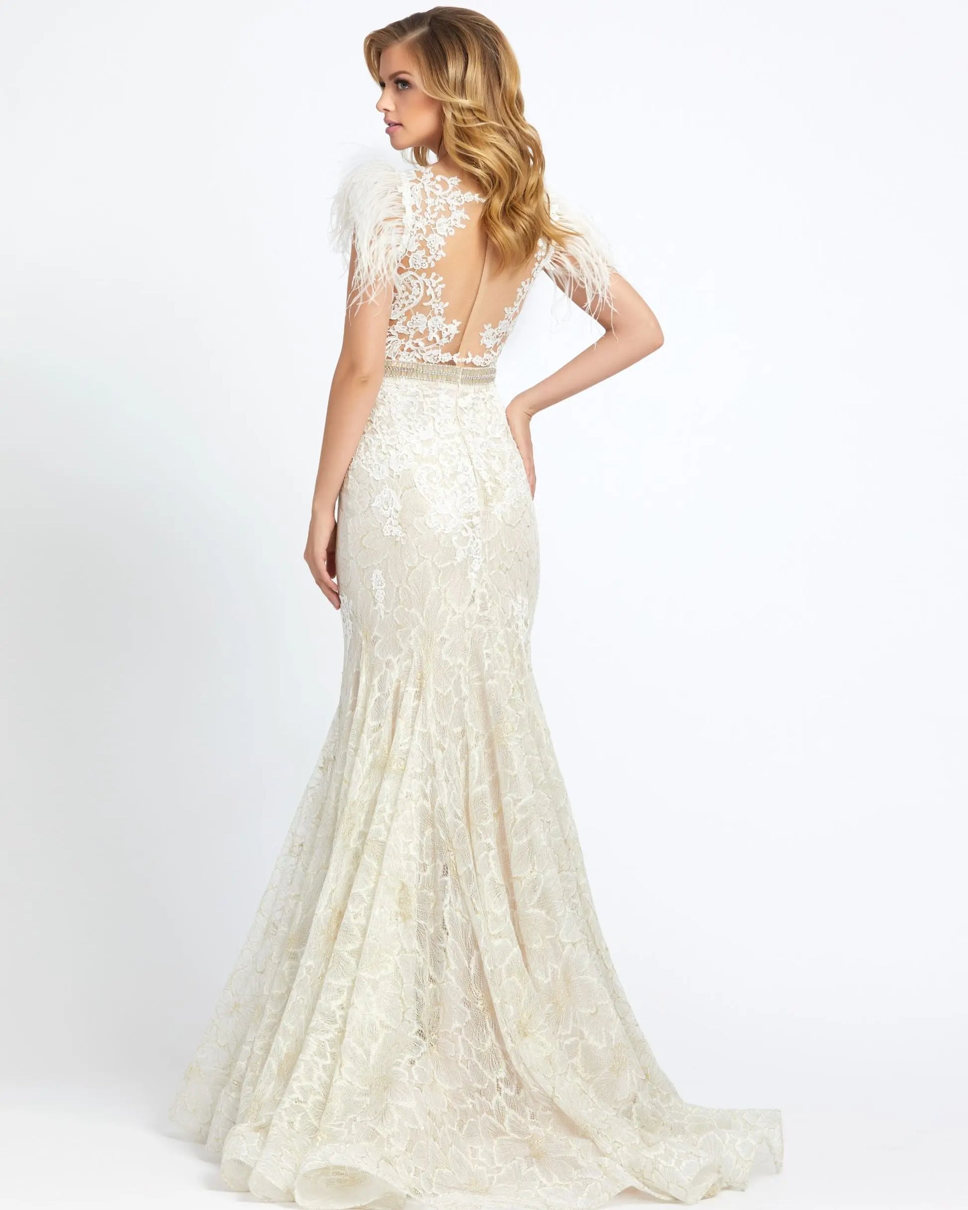 White Embellished Feather Cap Sleeve Illusion Neck Trumpet Gown - Mac Duggal