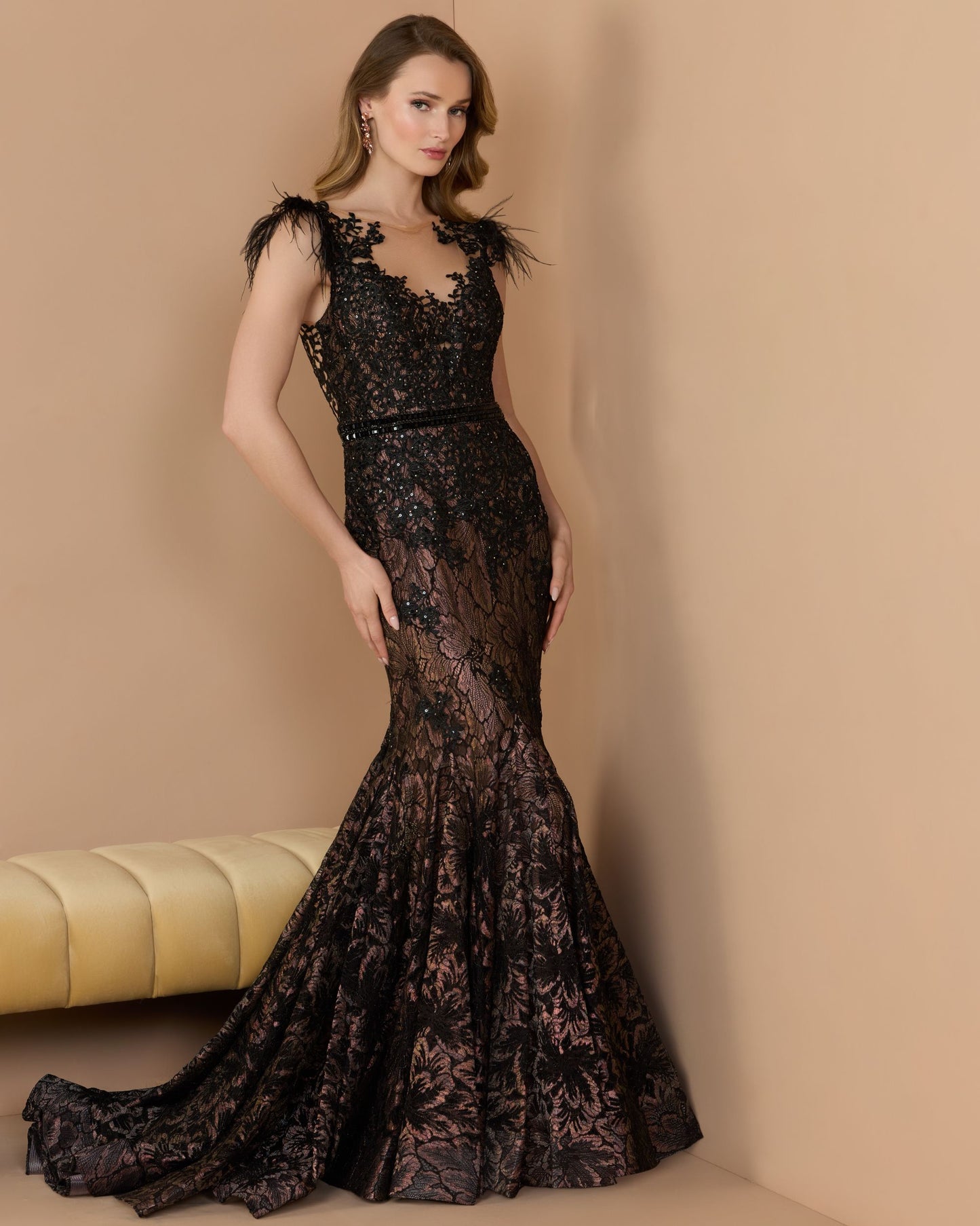 Black Embellished Feather Cap Sleeve Illusion Neck Trumpet Gown
