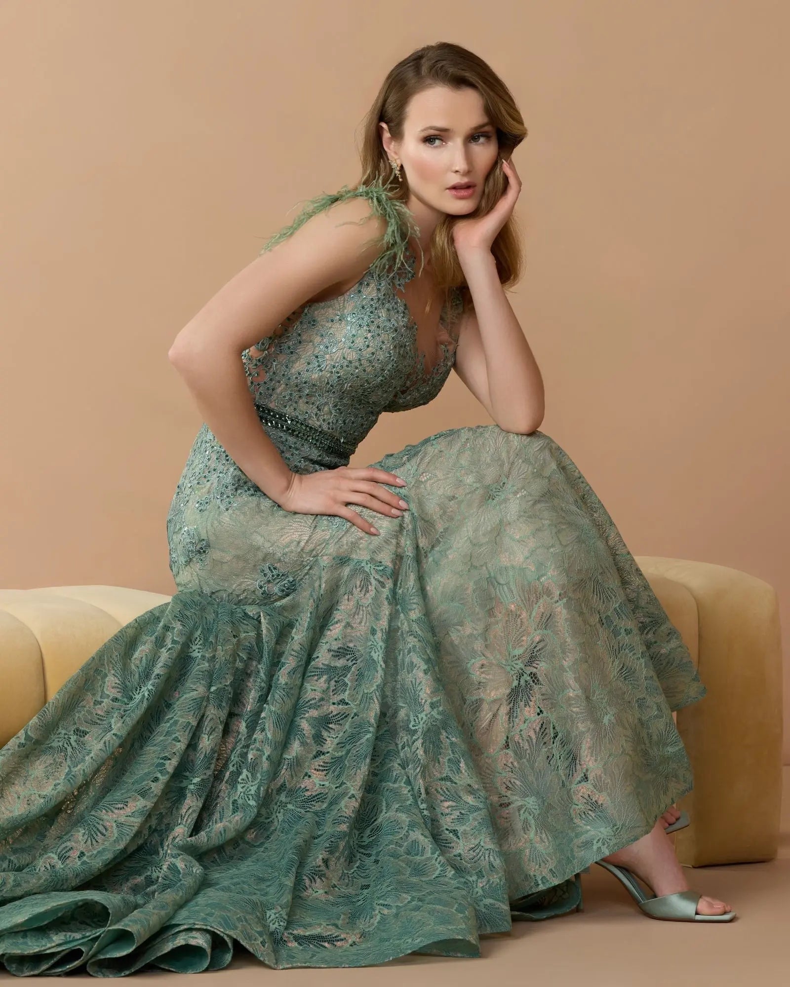 Green Embellished Lace High Neck Gown With Feather Sleeves - Mac Duggal