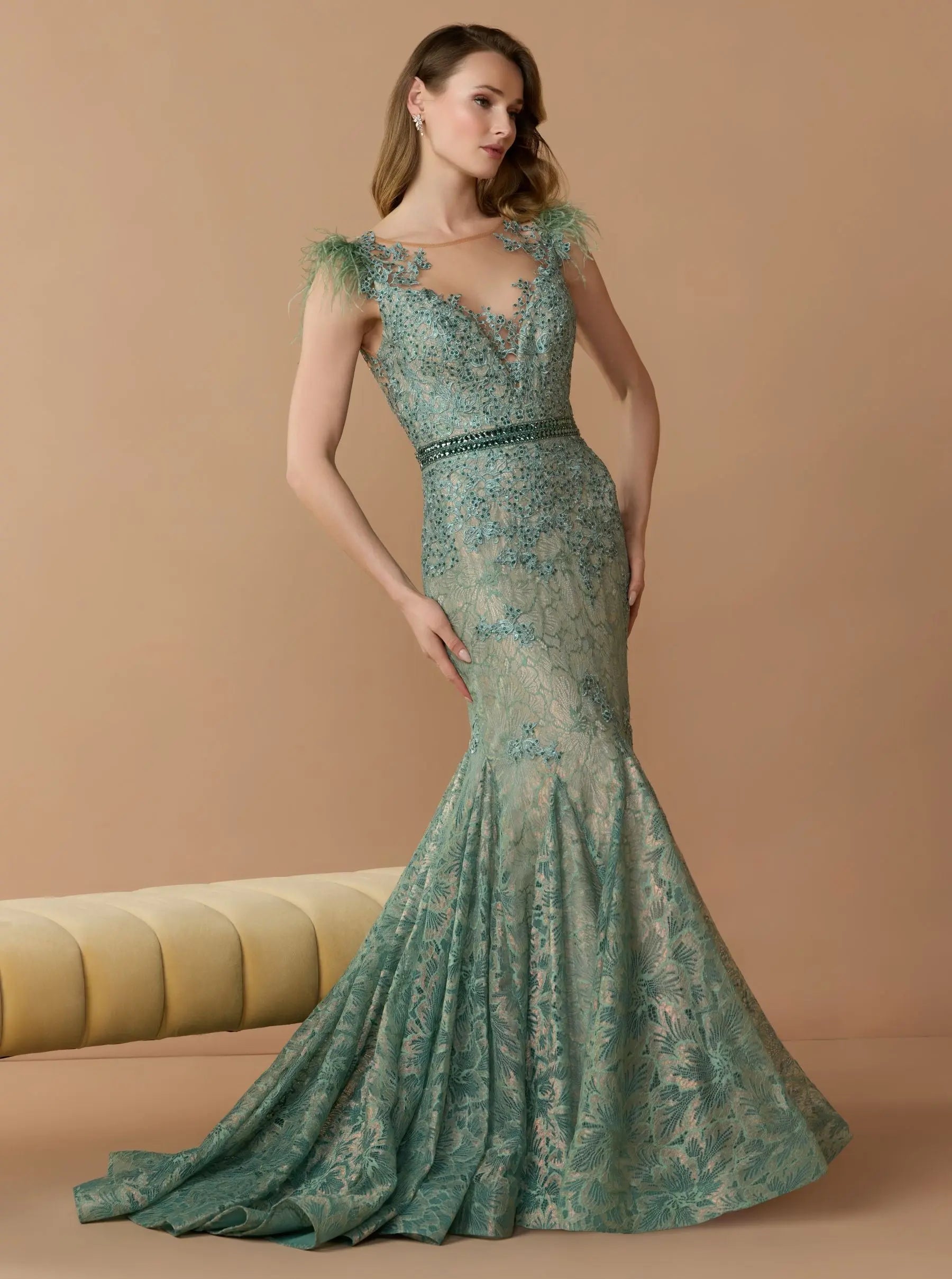 Green Embellished Lace High Neck Gown With Feather Sleeves - Mac Duggal
