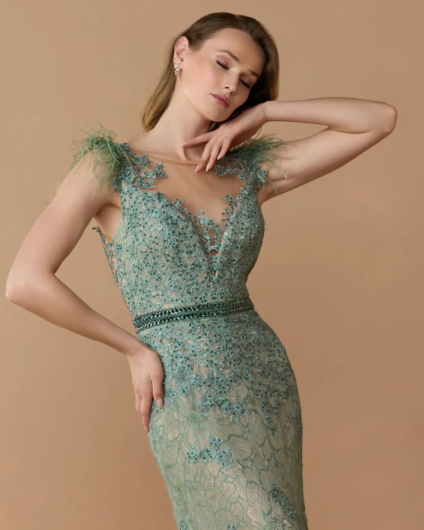 Green Embellished Lace High Neck Gown With Feather Sleeves - Mac Duggal