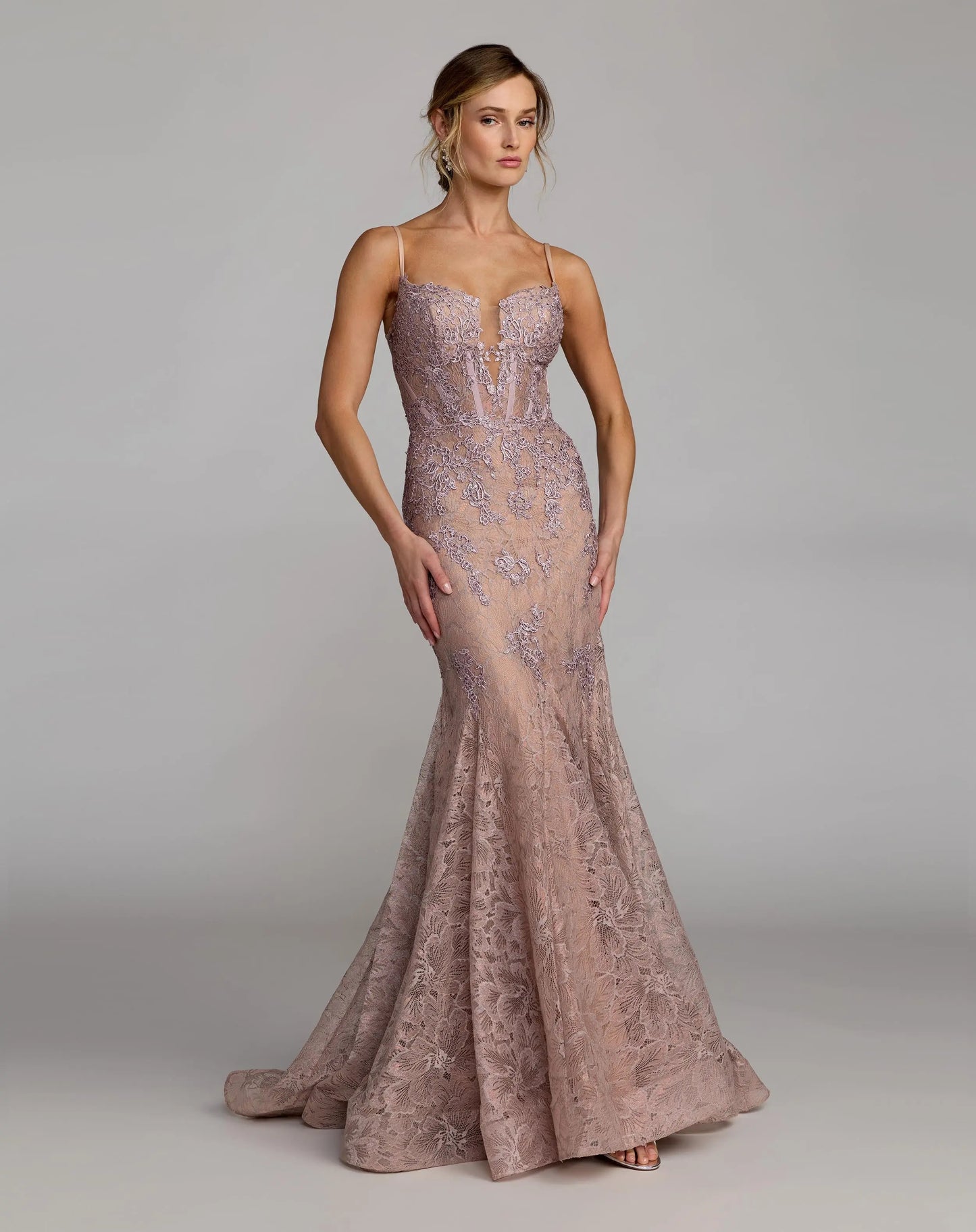 Pink Embroidered Lace Sleeveless Mermaid Gown - Mac Duggal