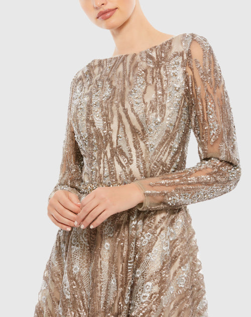 Sequin Long Sleeve Bateau A Line Gown