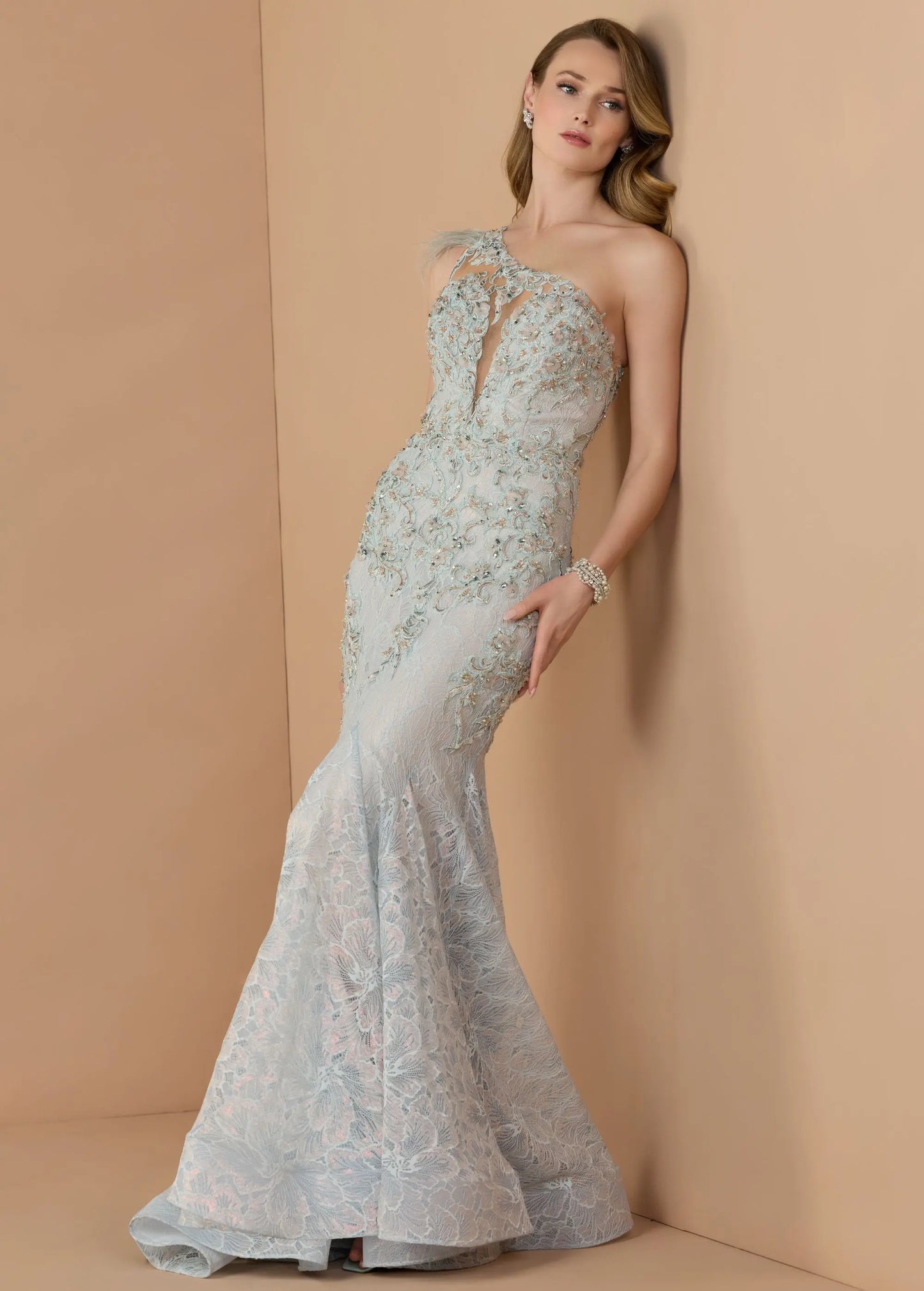 Blue Embellished Lace One Shoulder Gown With Feather Detail - Mac Duggal