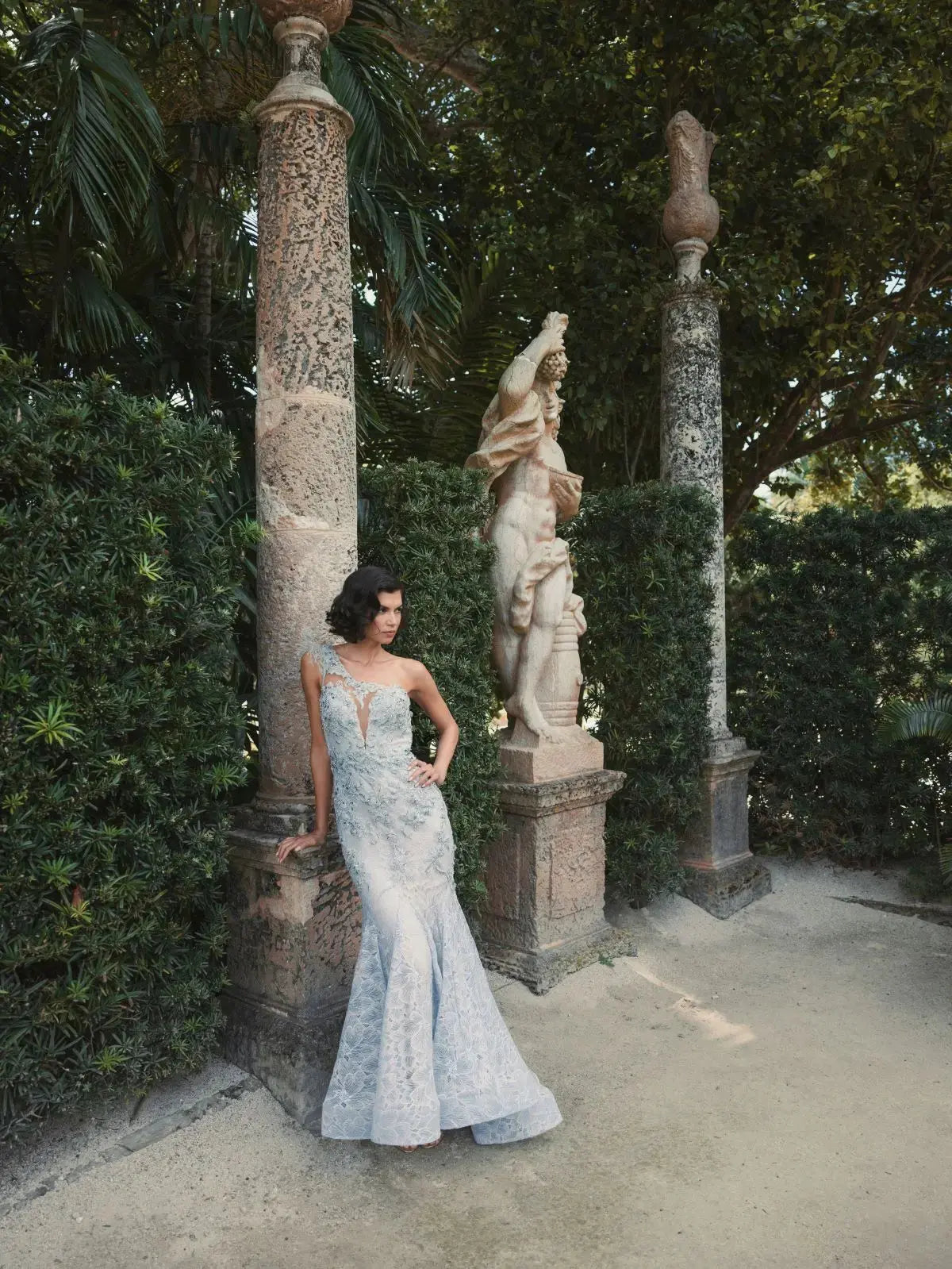 Blue Embellished Lace One Shoulder Gown With Feather Detail - Mac Duggal