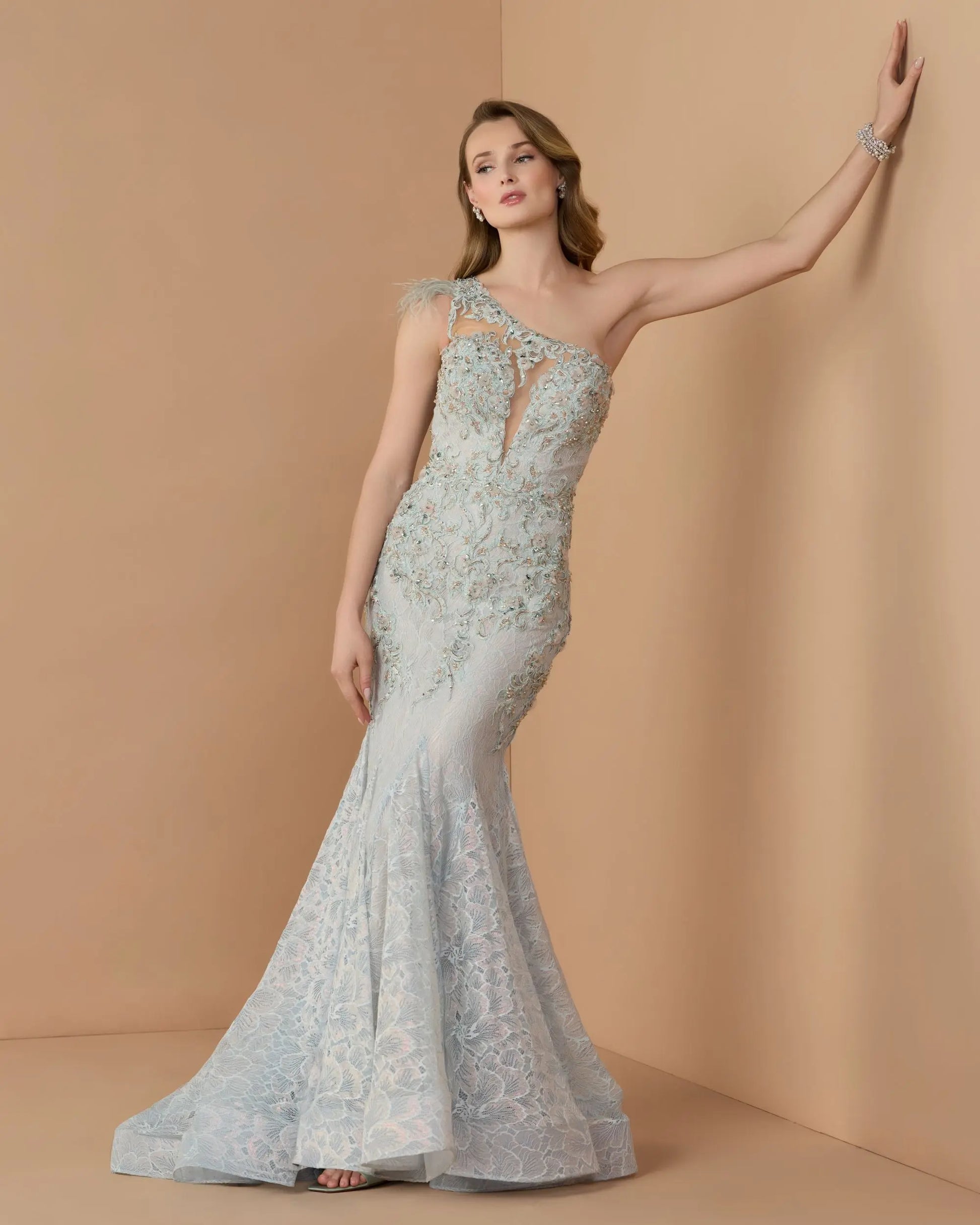 Blue Embellished Lace One Shoulder Gown With Feather Detail - Mac Duggal