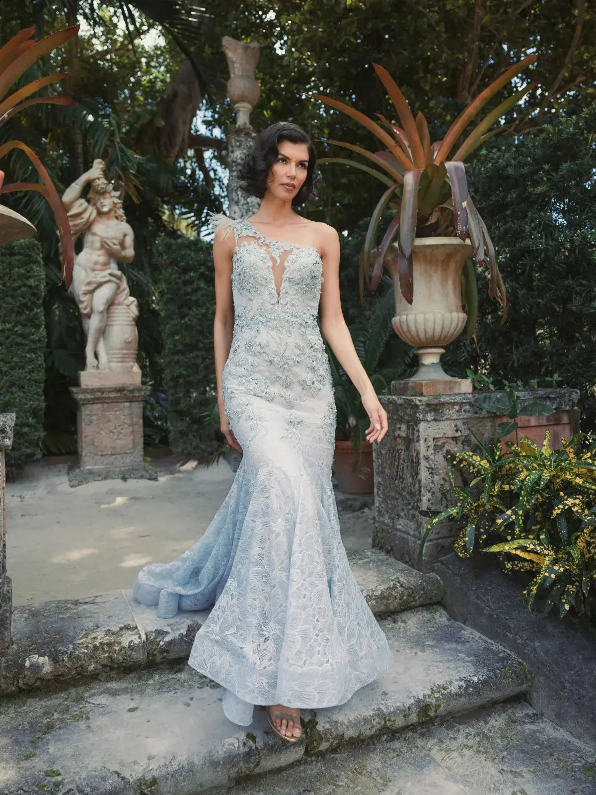 blue lace one shoulder dress Blue Embellished Lace One Shoulder Gown With Feather Detail