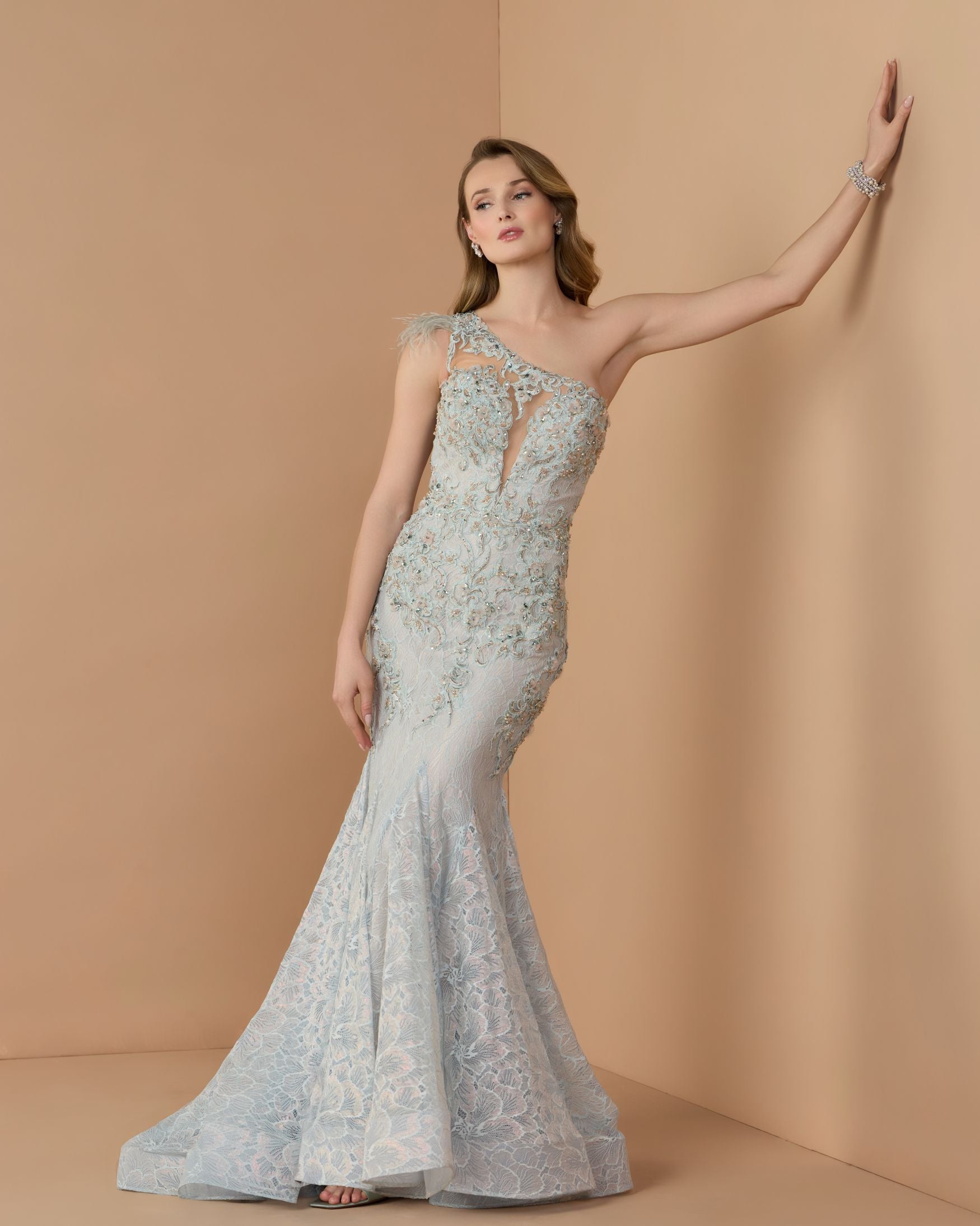 Blue Embroidered Applique Feathered One Shoulder Trumpet Gown